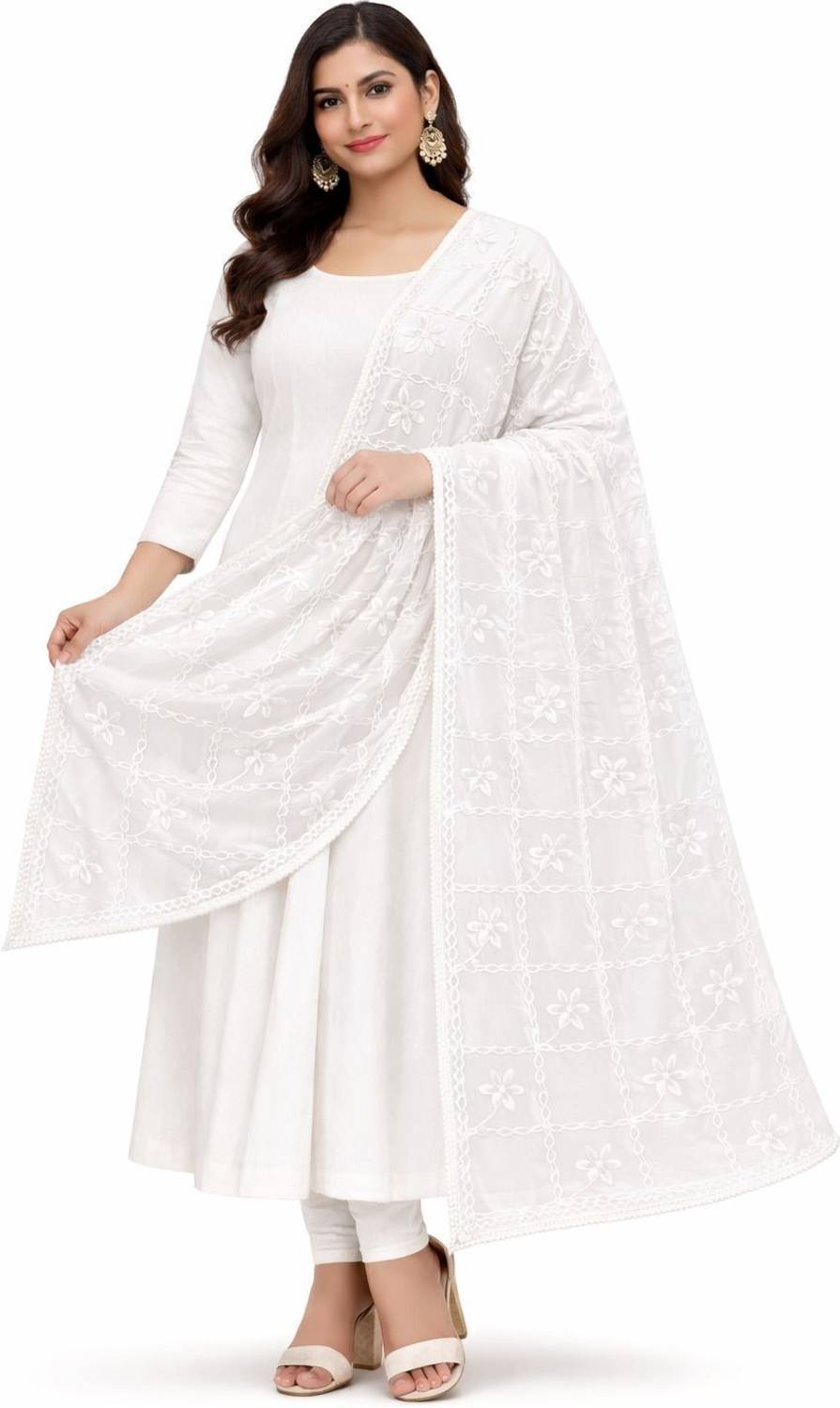 PHULKARIGIRI Chiffon Embroidered White Women Dupatta