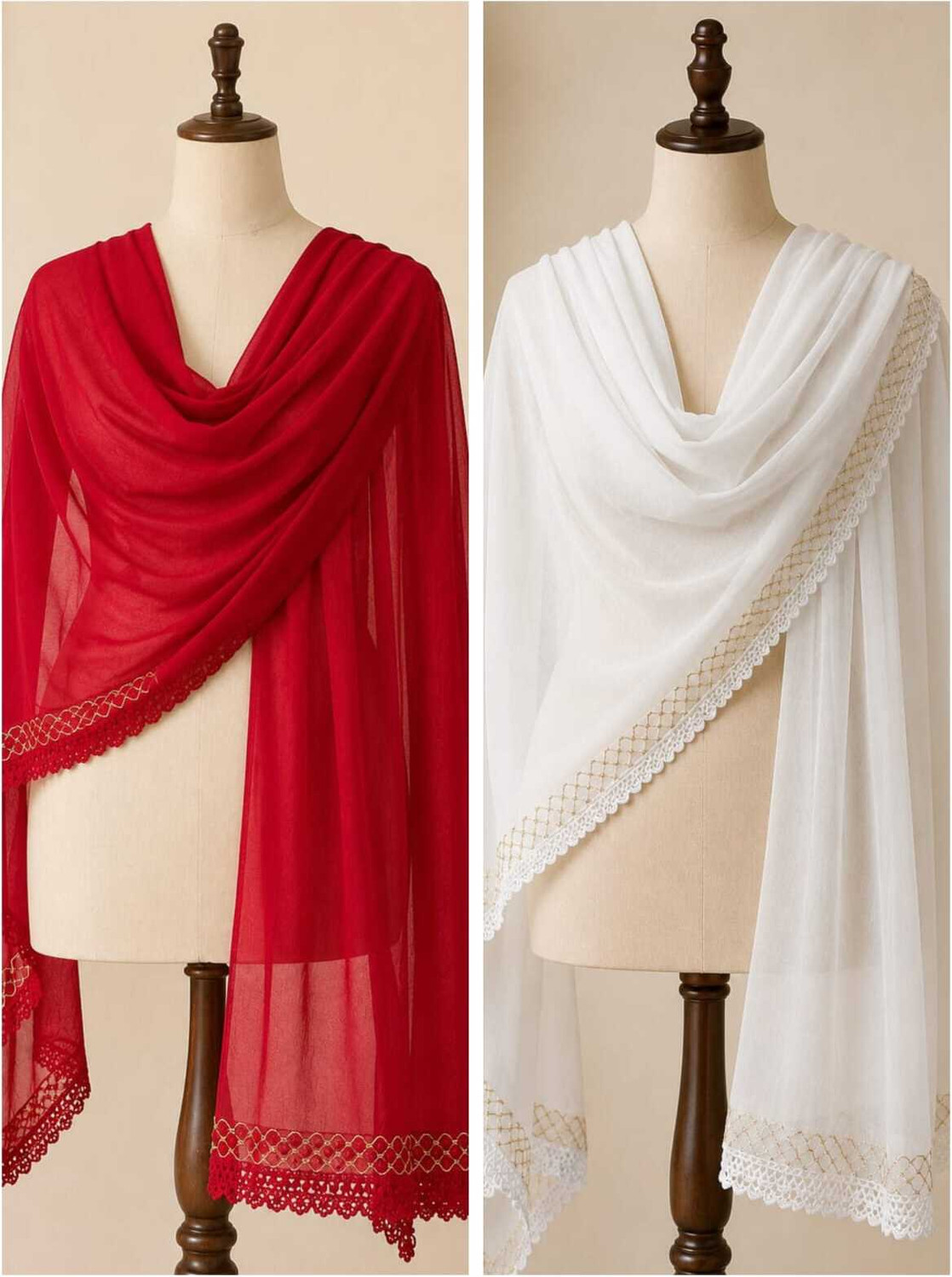 Image of Marudhara Fashion Chiffon Self Design Red, White Women Dupatta