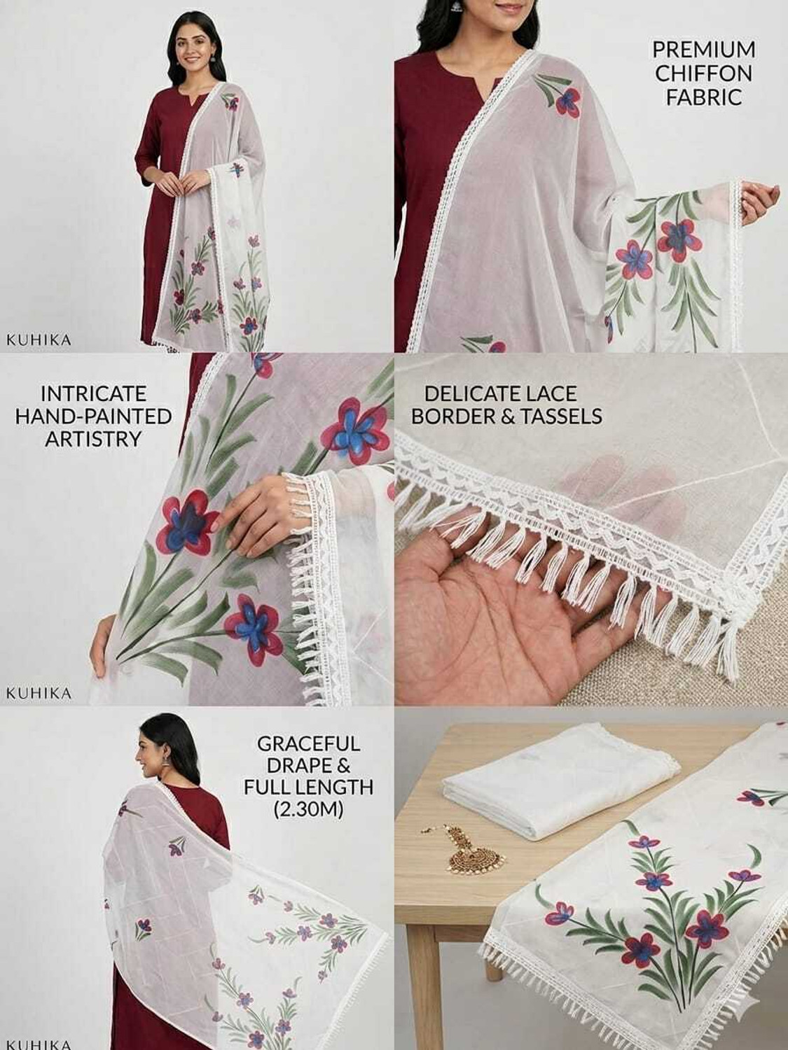 Image of Kuhika Chiffon Printed White Women Dupatta