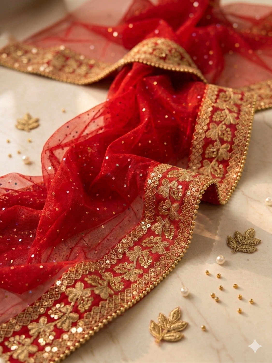 Image of TinyTwist Net Embroidered, Solid, Embellished Red Women Dupatta