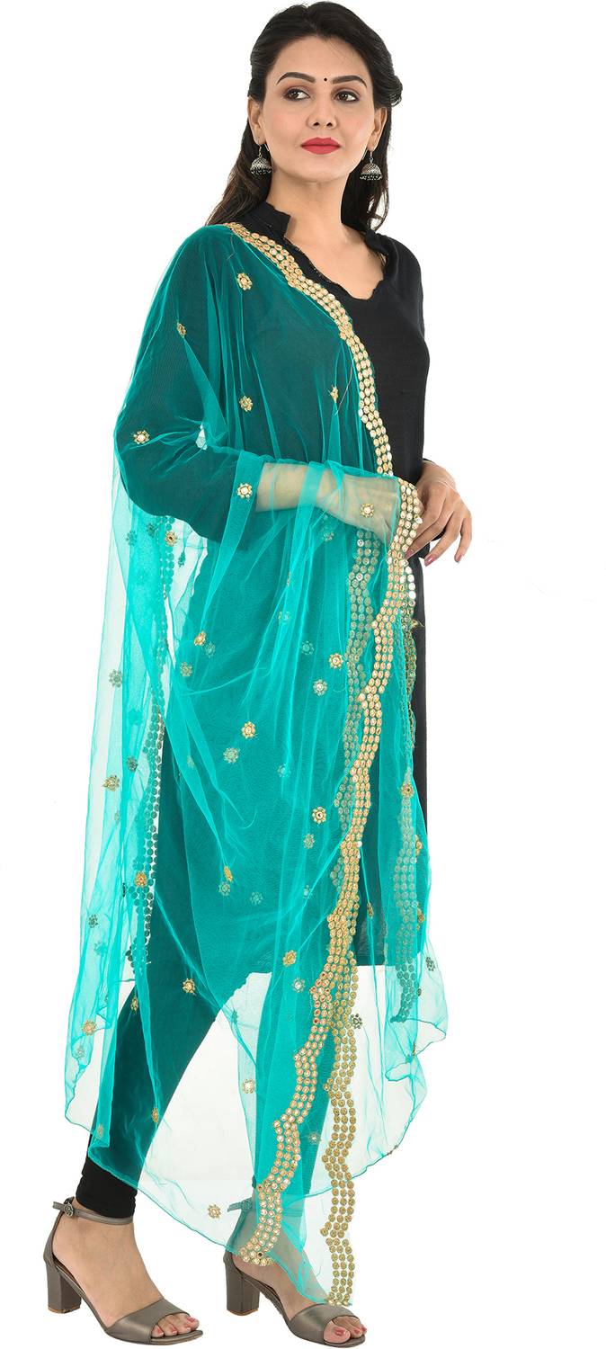 YOUTHQUAKE Net Embellished Light Green Women Dupatta