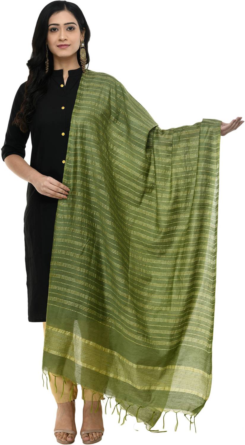 A R SILK Pure Cotton Striped Green Women Dupatta