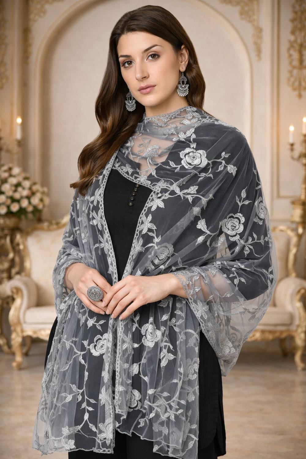 klal and sons Net Embroidered Grey Women Dupatta