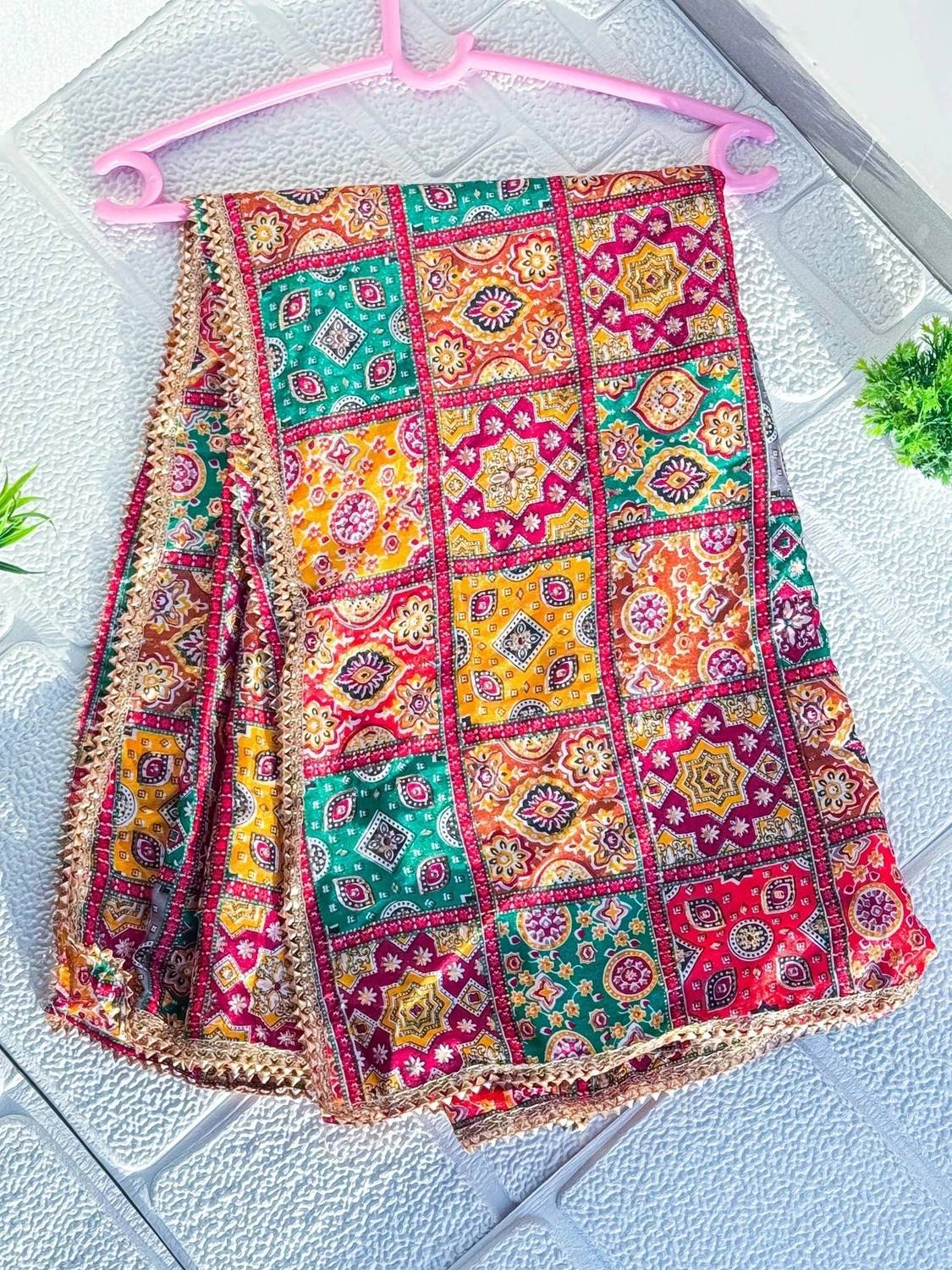 Nayerang Art Silk Embroidered Yellow, Red, Green Women Dupatta