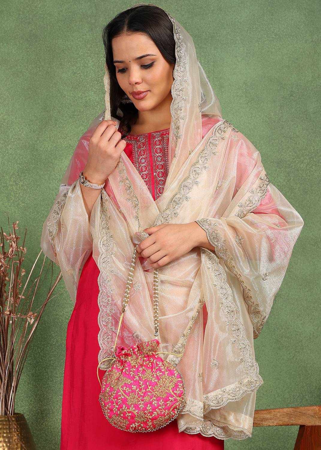 Dulha dulhan Net Embroidered Beige Women Dupatta