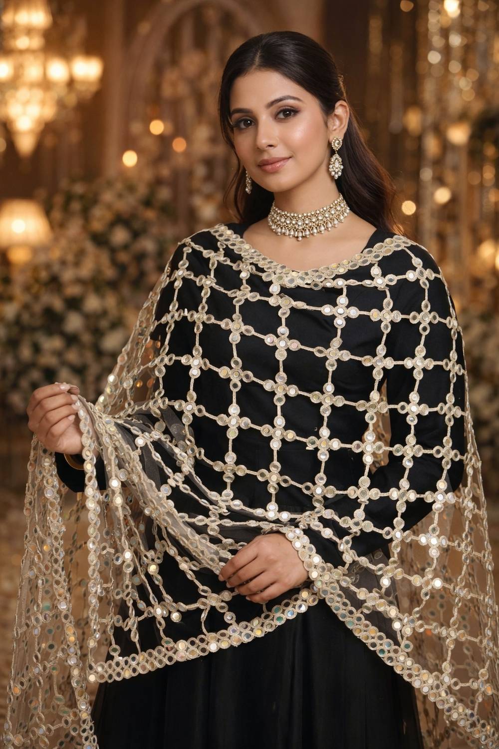 SOMVATI Net Embroidered Gold Women Dupatta