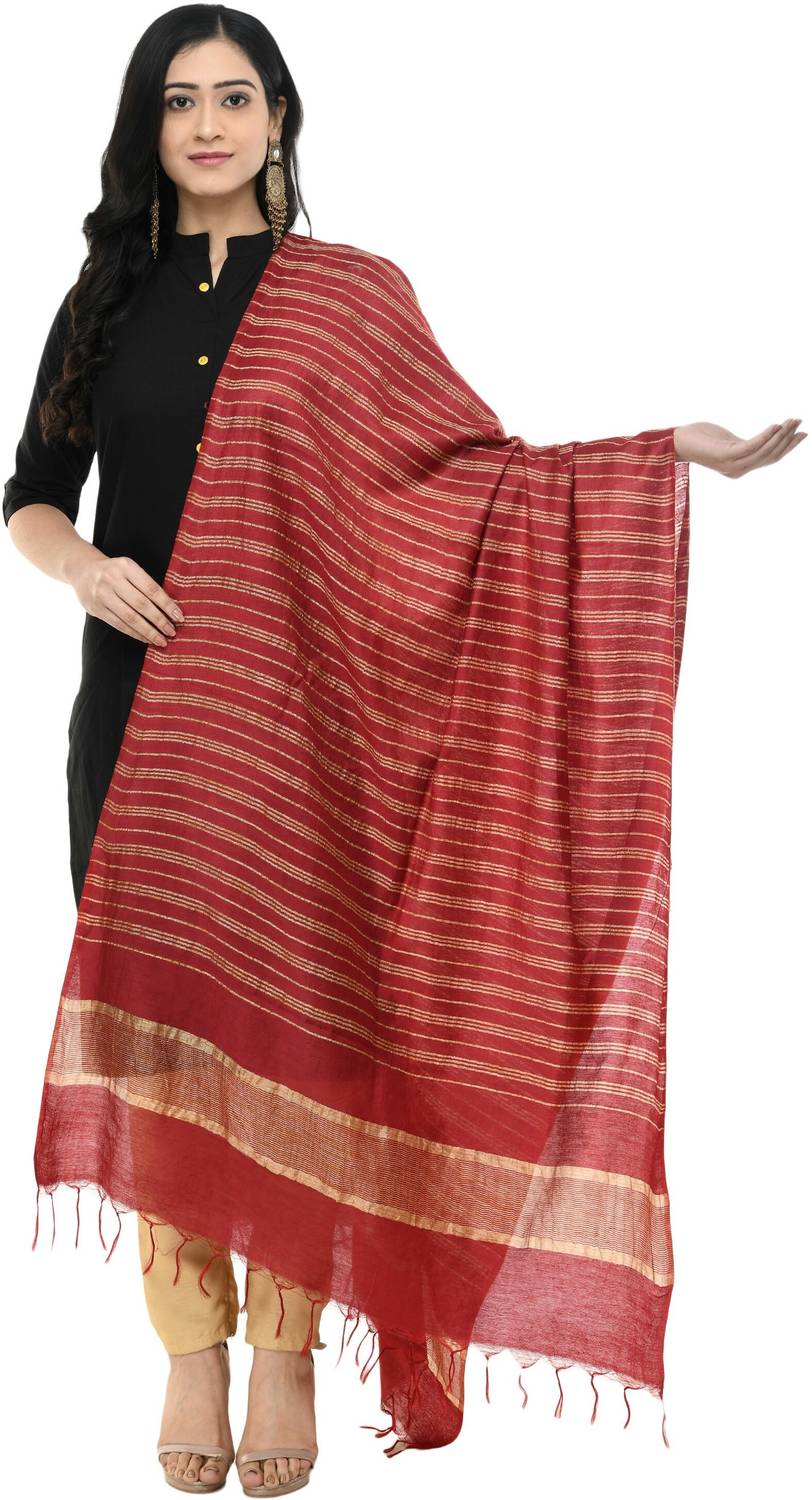 A R SILK Pure Cotton Striped Maroon Women Dupatta