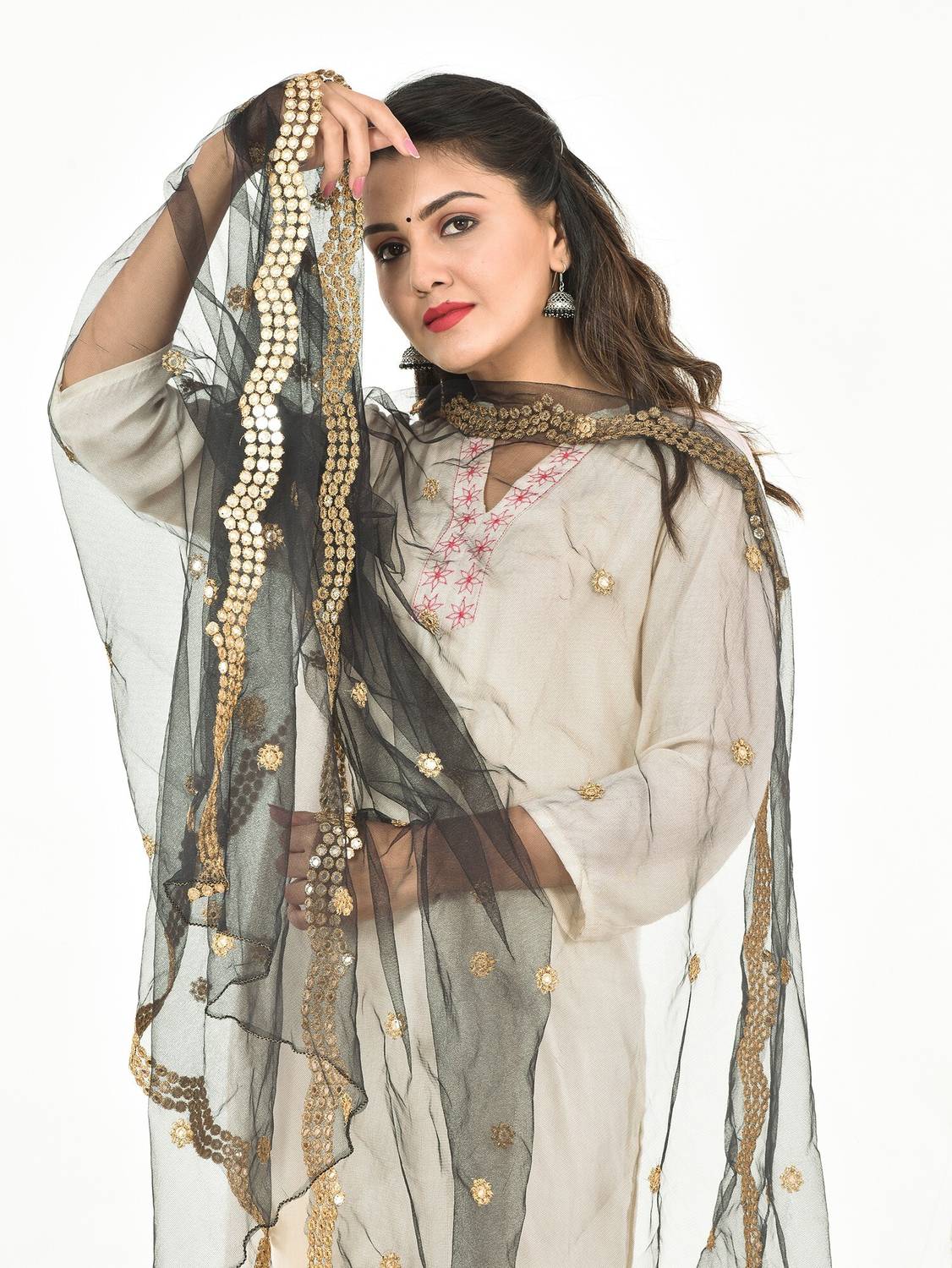 YOUTHQUAKE Net Embellished Black Women Dupatta