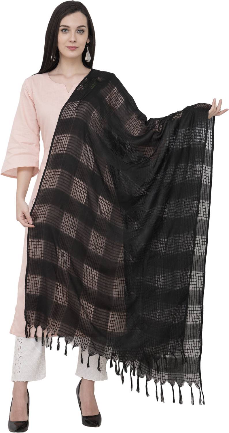 A R SILK Cotton Blend Self Design Black Women Dupatta