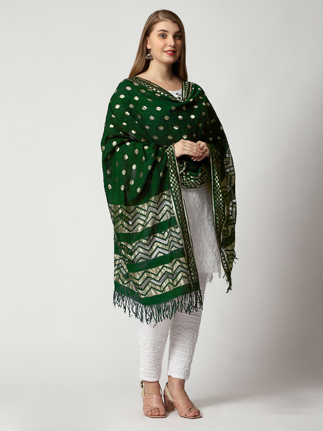 Image of Maya Son Art Silk Checkered Dark Green Women Dupatta