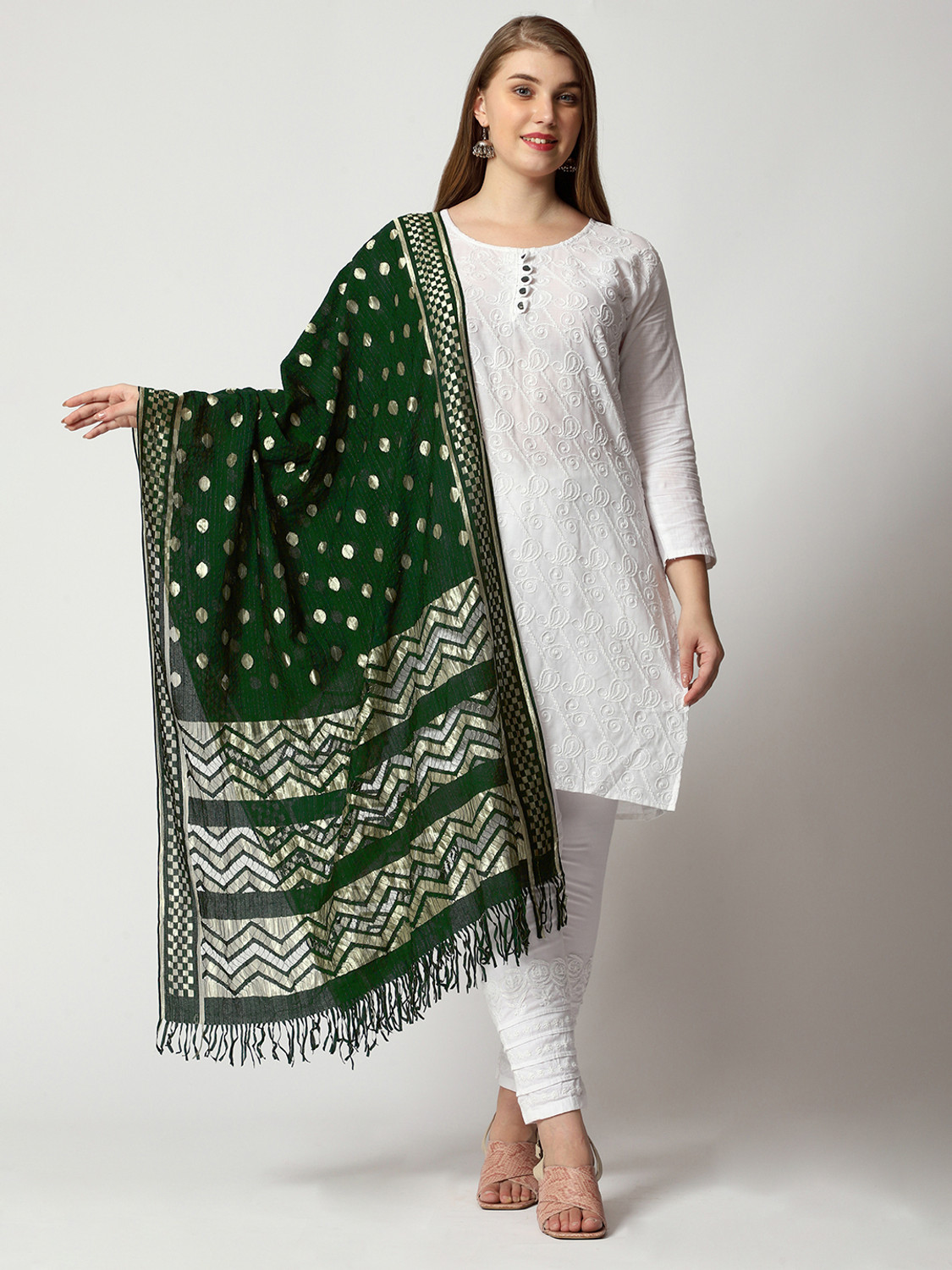 Image of Maya Son Art Silk Checkered Dark Green Women Dupatta