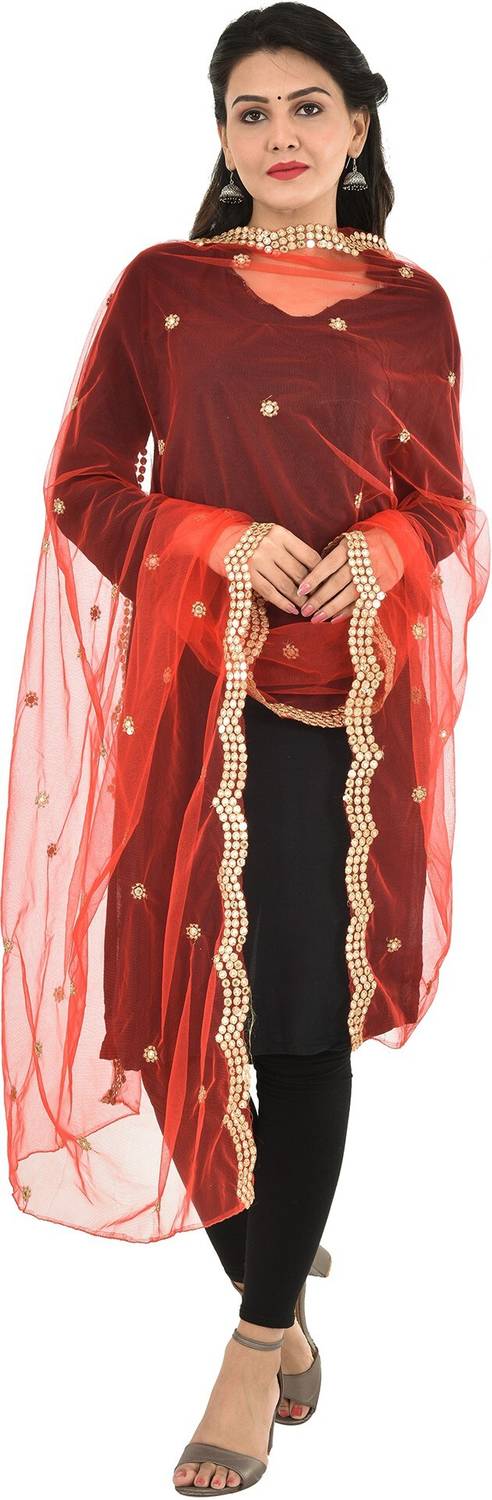 YOUTHQUAKE Net Embellished Red Women Dupatta