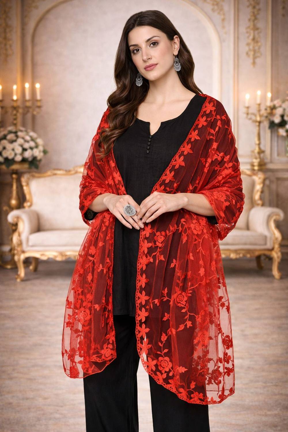 klal and sons Net Embroidered Red Women Dupatta