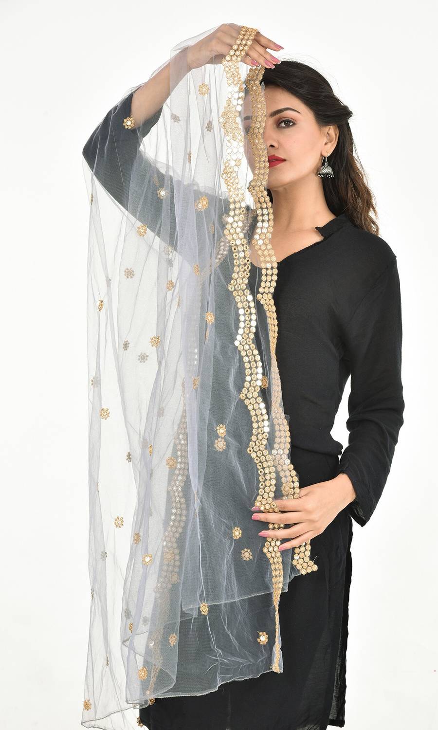 YOUTHQUAKE Net Embellished Grey Women Dupatta