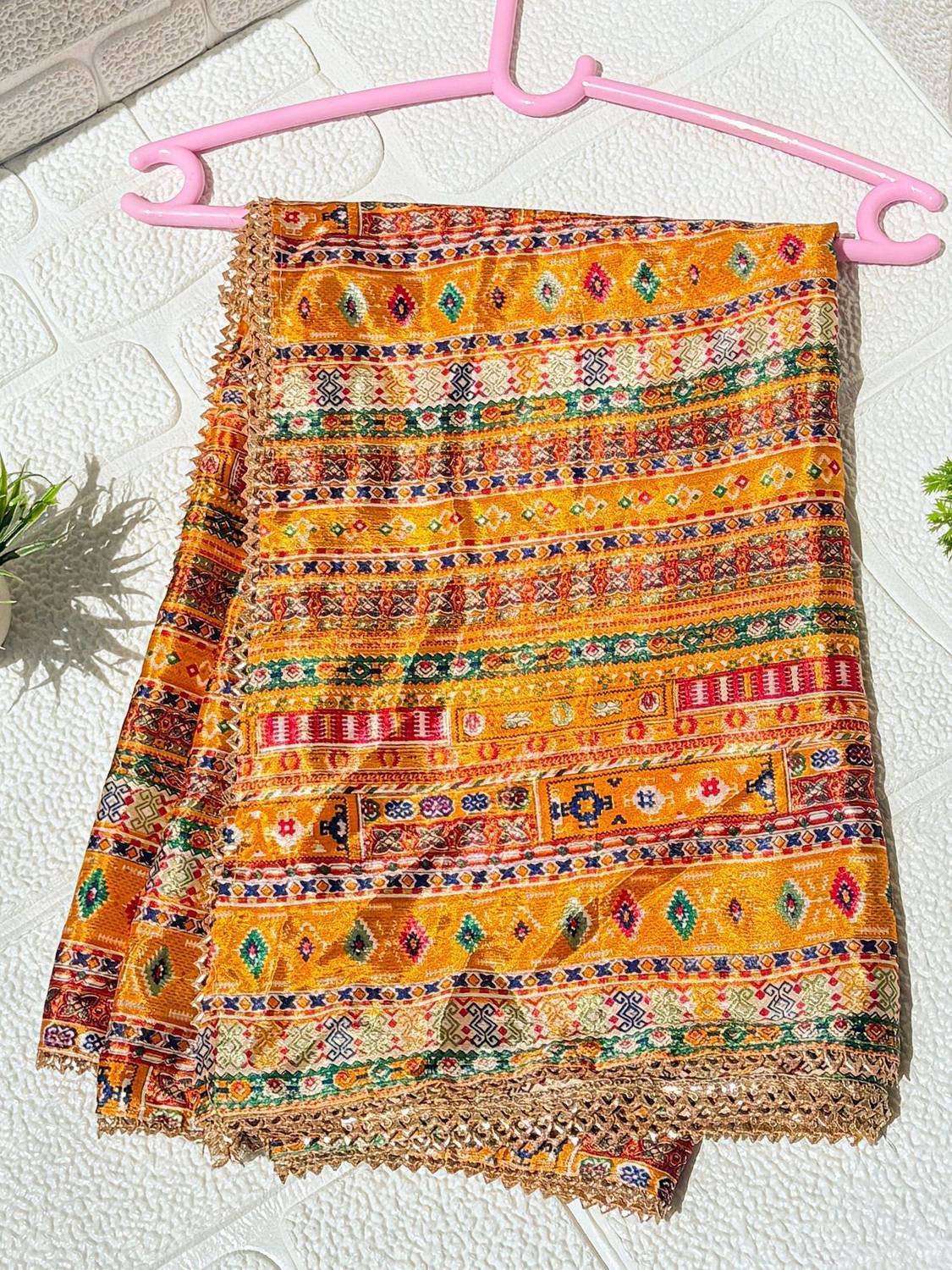 Nayerang Art Silk Embroidered Red, Gold, Yellow Women Dupatta