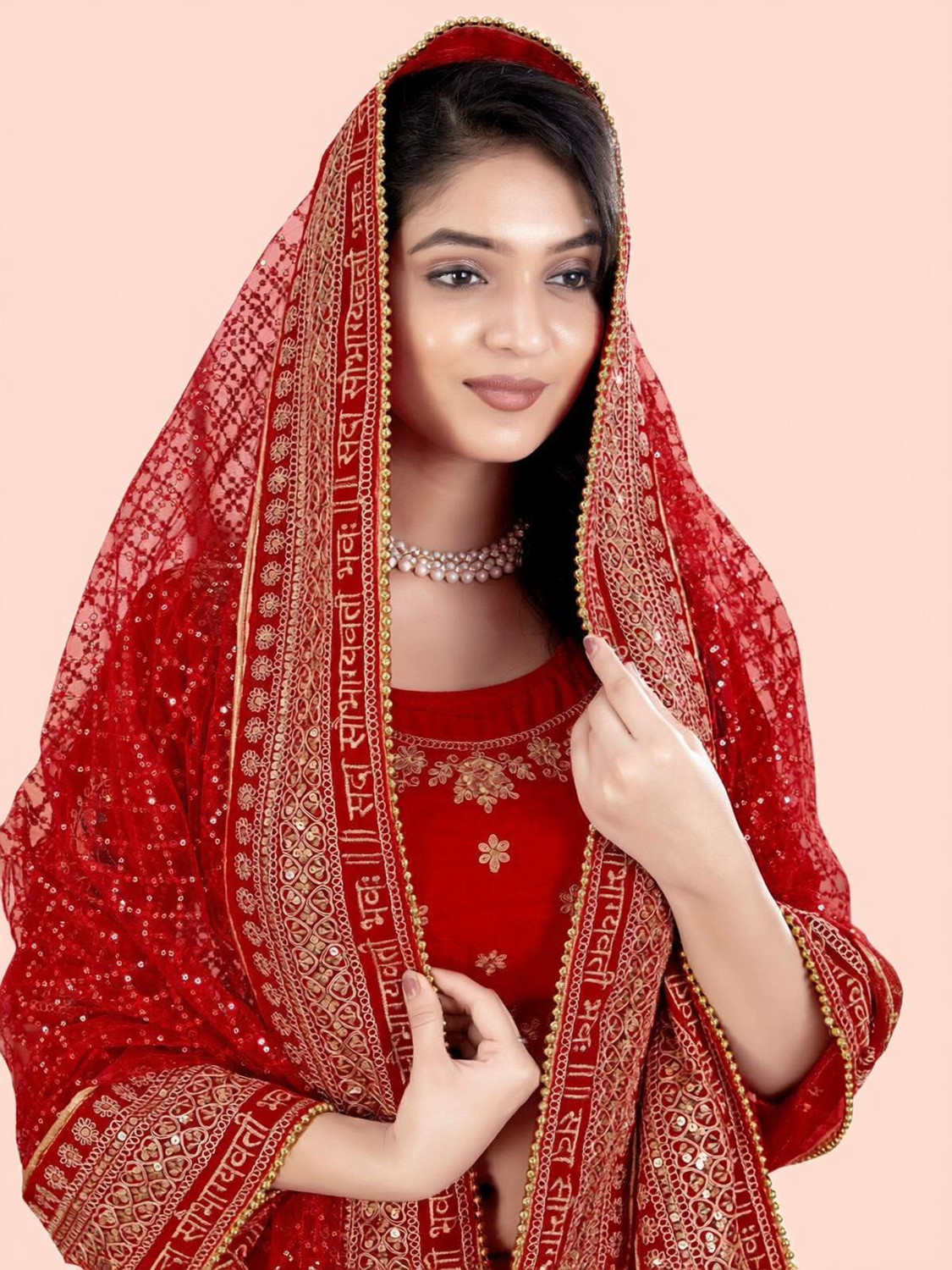 Image of TinyTwist Net Embroidered, Embellished Red Women Dupatta