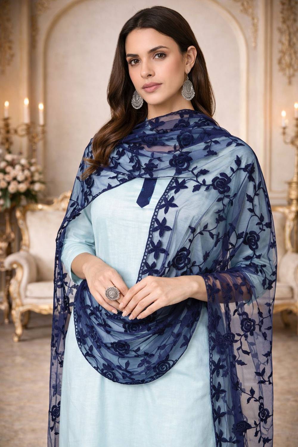 klal and sons Net Embroidered Dark Blue Women Dupatta