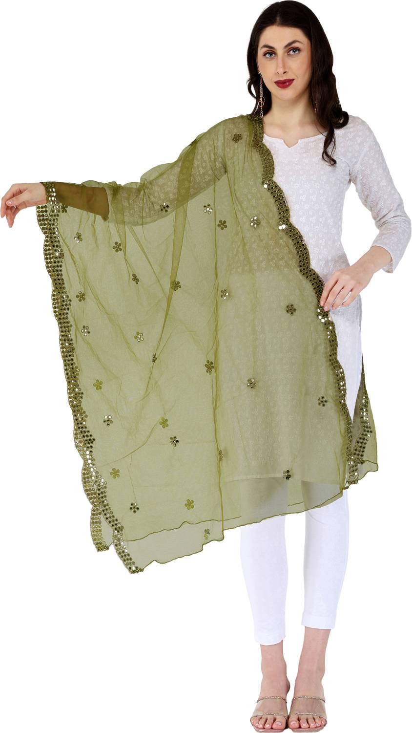 YOUTHQUAKE Net Embellished Green Women Dupatta