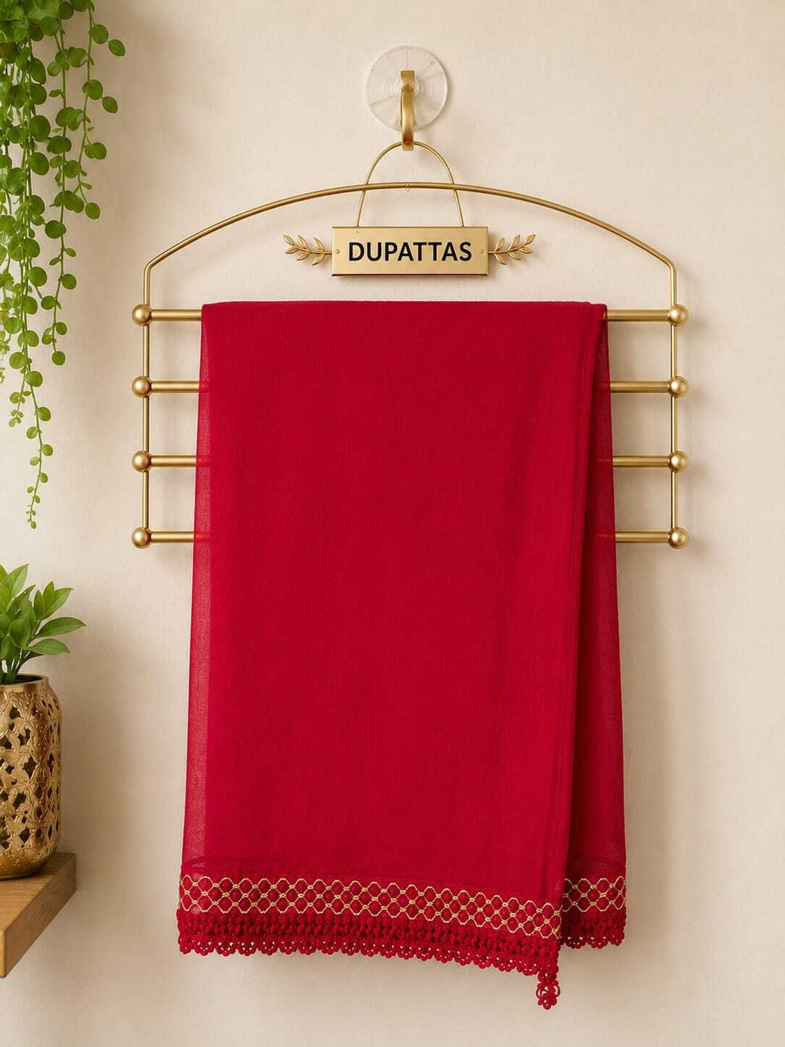 Image of Marudhara Fashion Chiffon Self Design Red, White Women Dupatta