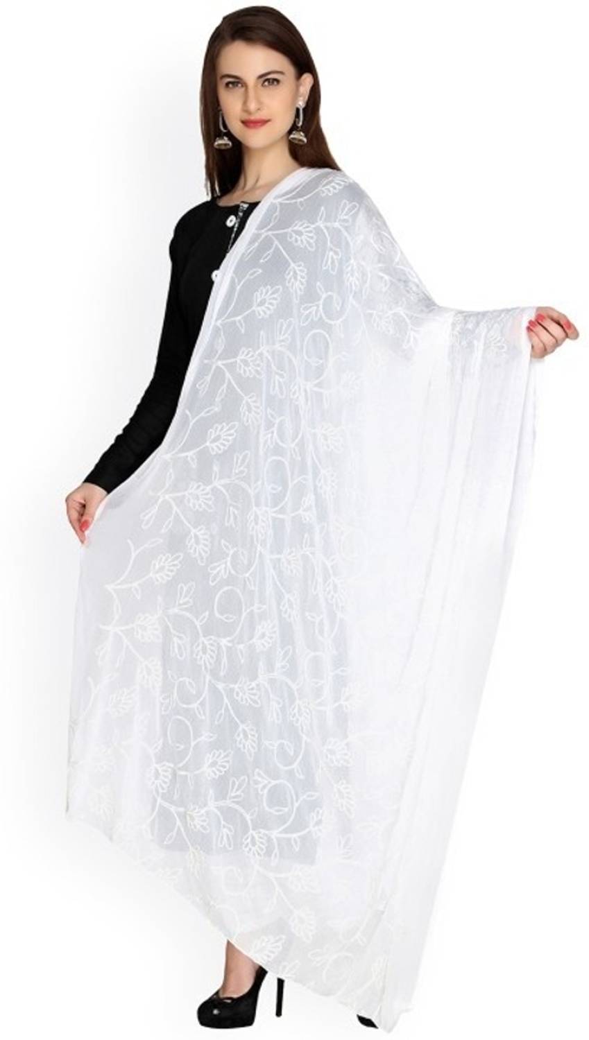 Nakoda Creation Chiffon Embroidered White Women Dupatta