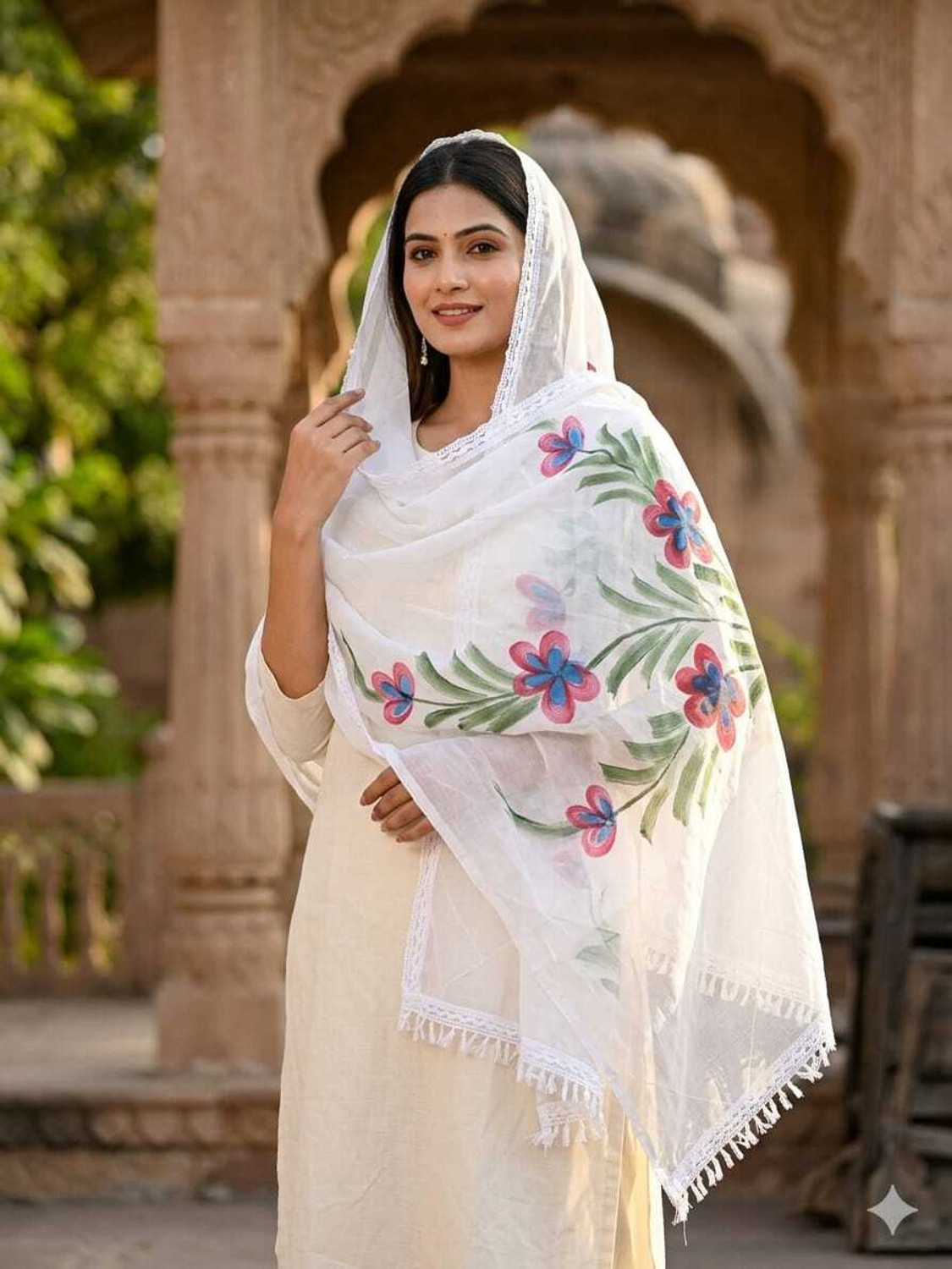 Image of Kuhika Chiffon Printed White Women Dupatta