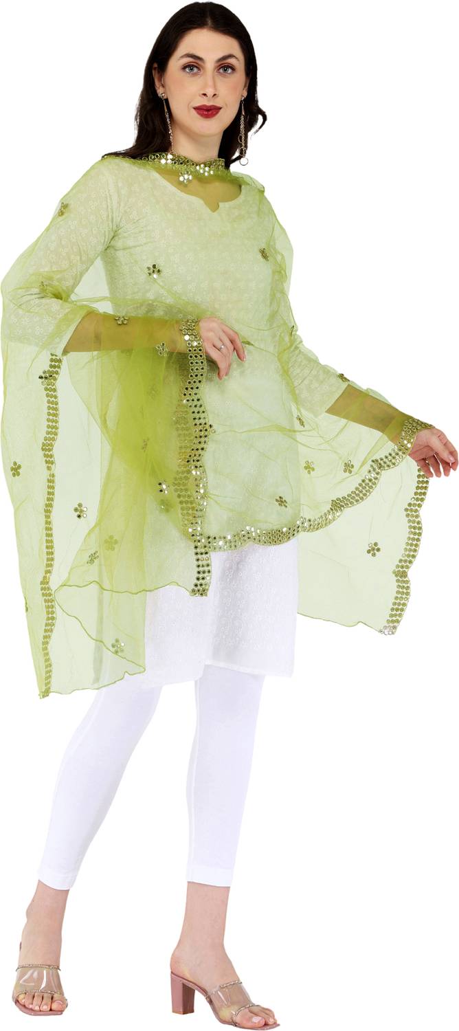 YOUTHQUAKE Net Embellished Light Green Women Dupatta