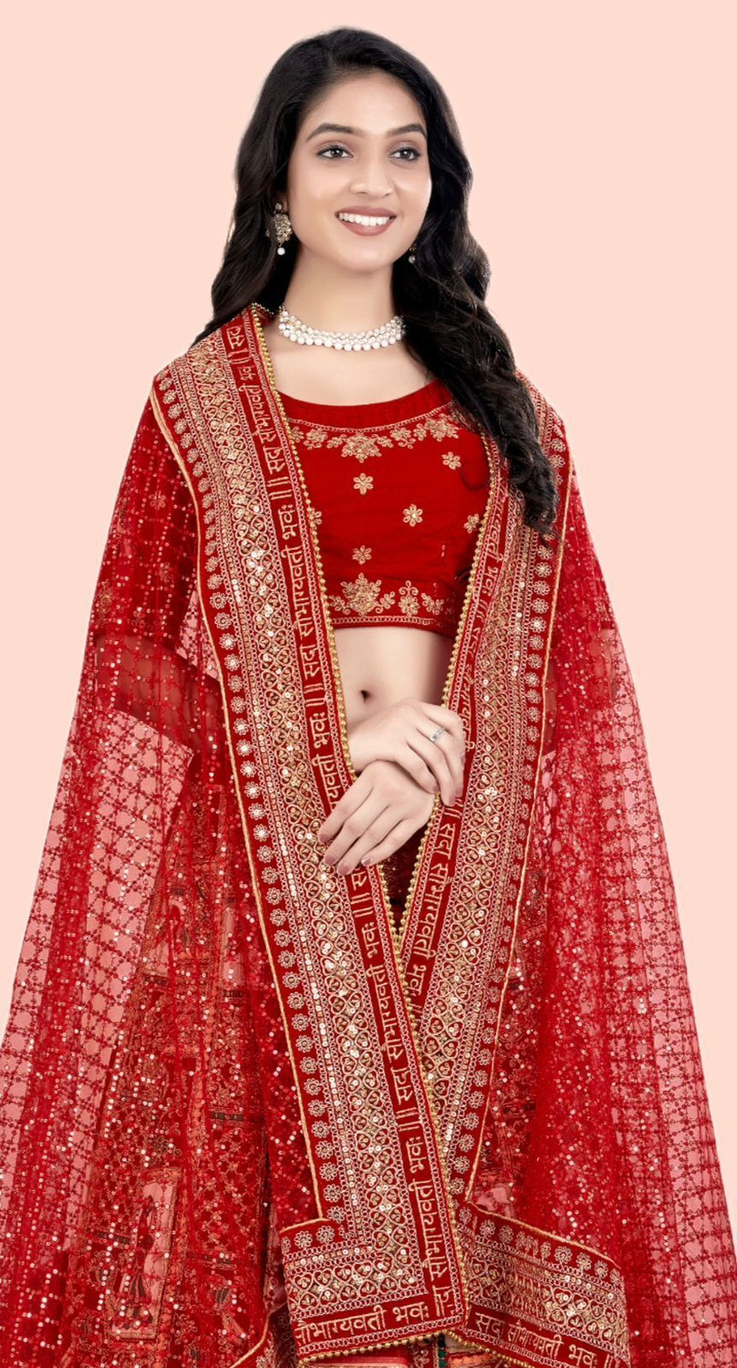 Image of TinyTwist Net Embroidered, Embellished Red Women Dupatta