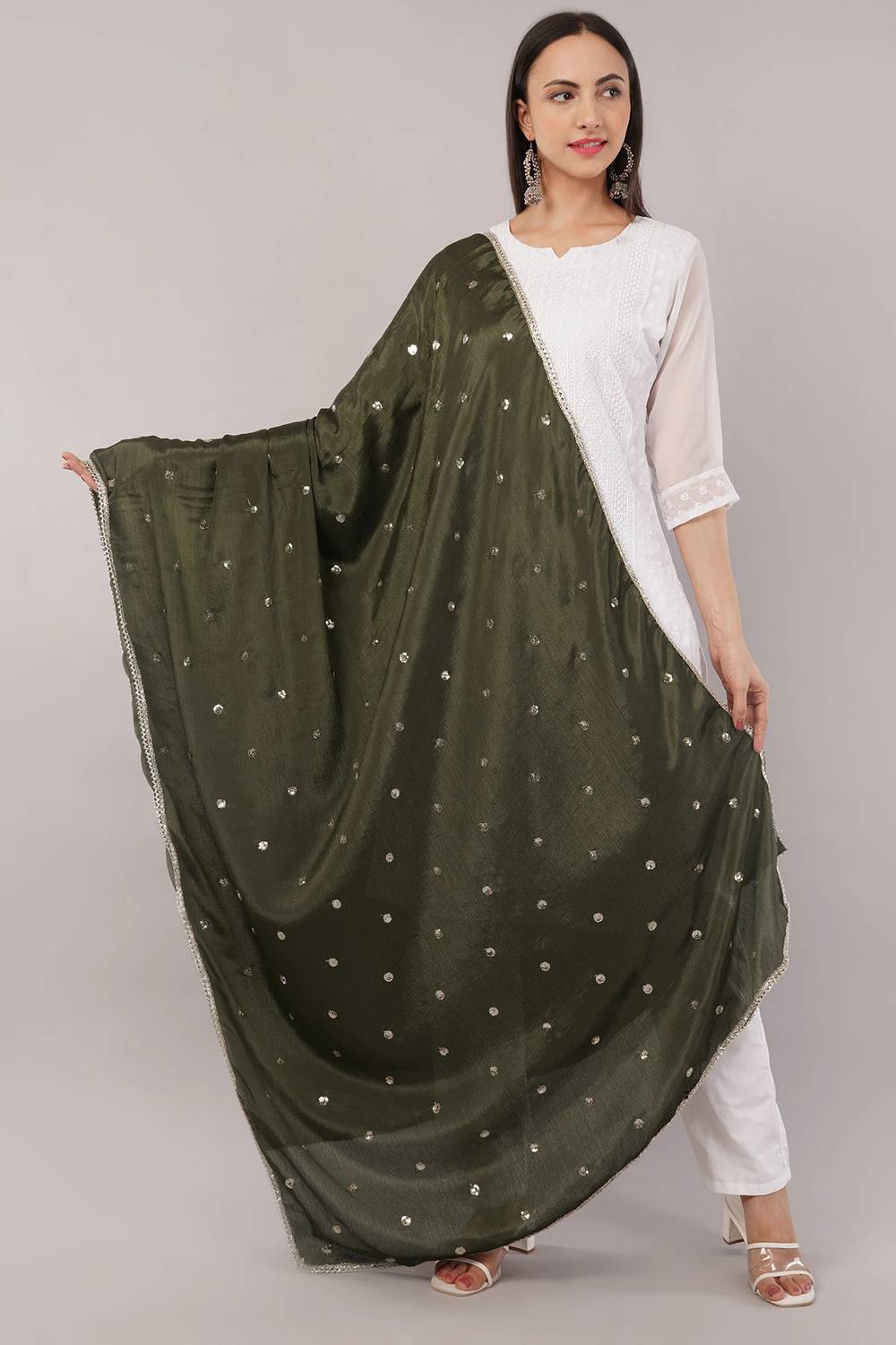 Negchaar Poly Chiffon Embroidered Dark Green Women Dupatta