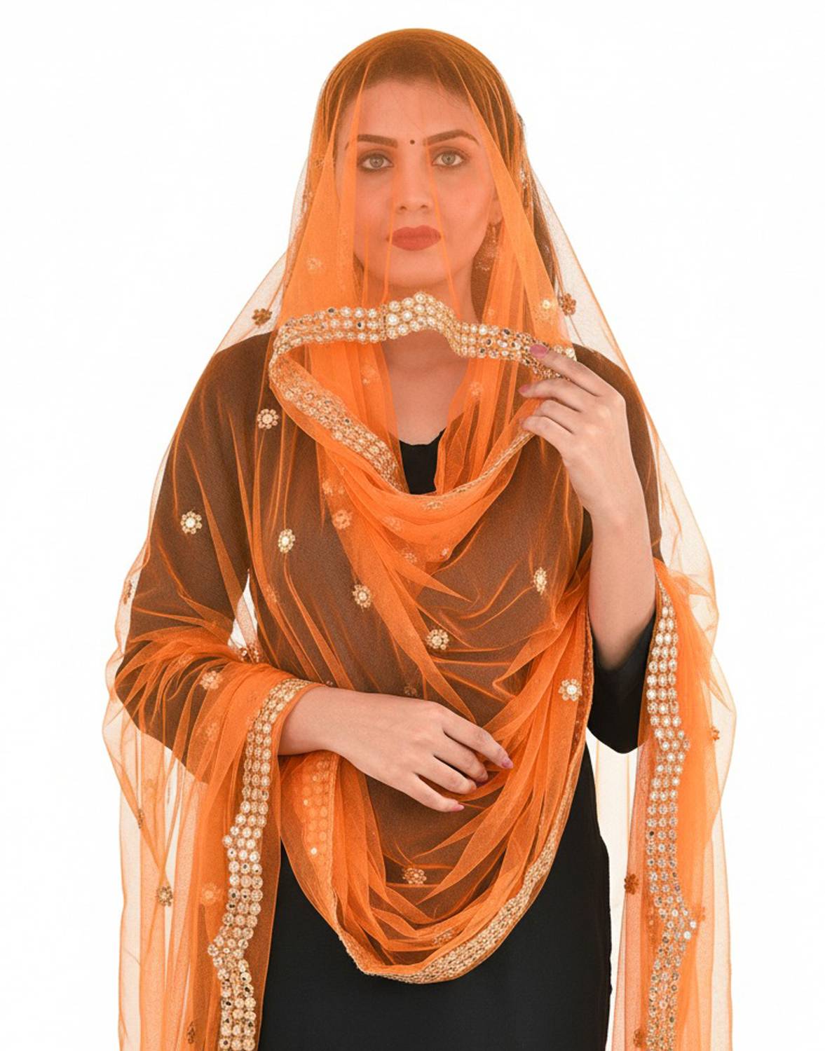 YOUTHQUAKE Net Embellished Orange Women Dupatta