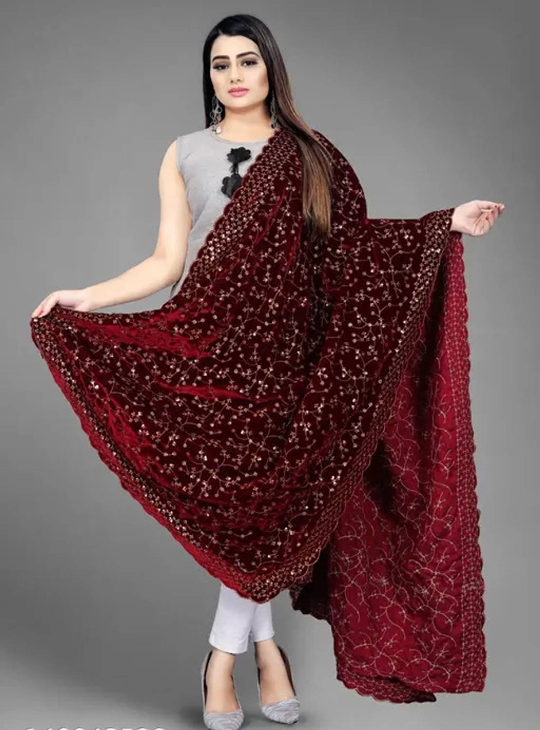 nv patel Velvet Embroidered Maroon Women Dupatta