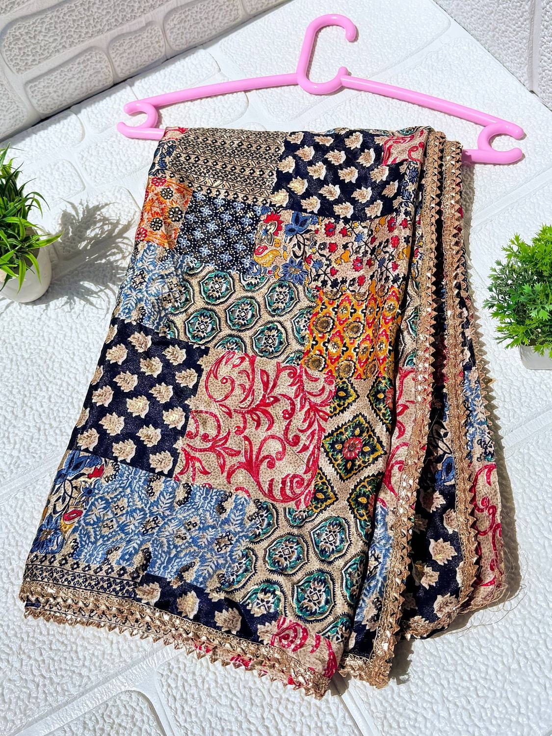 Nayerang Art Silk Embroidered Pink, Gold, Yellow Women Dupatta