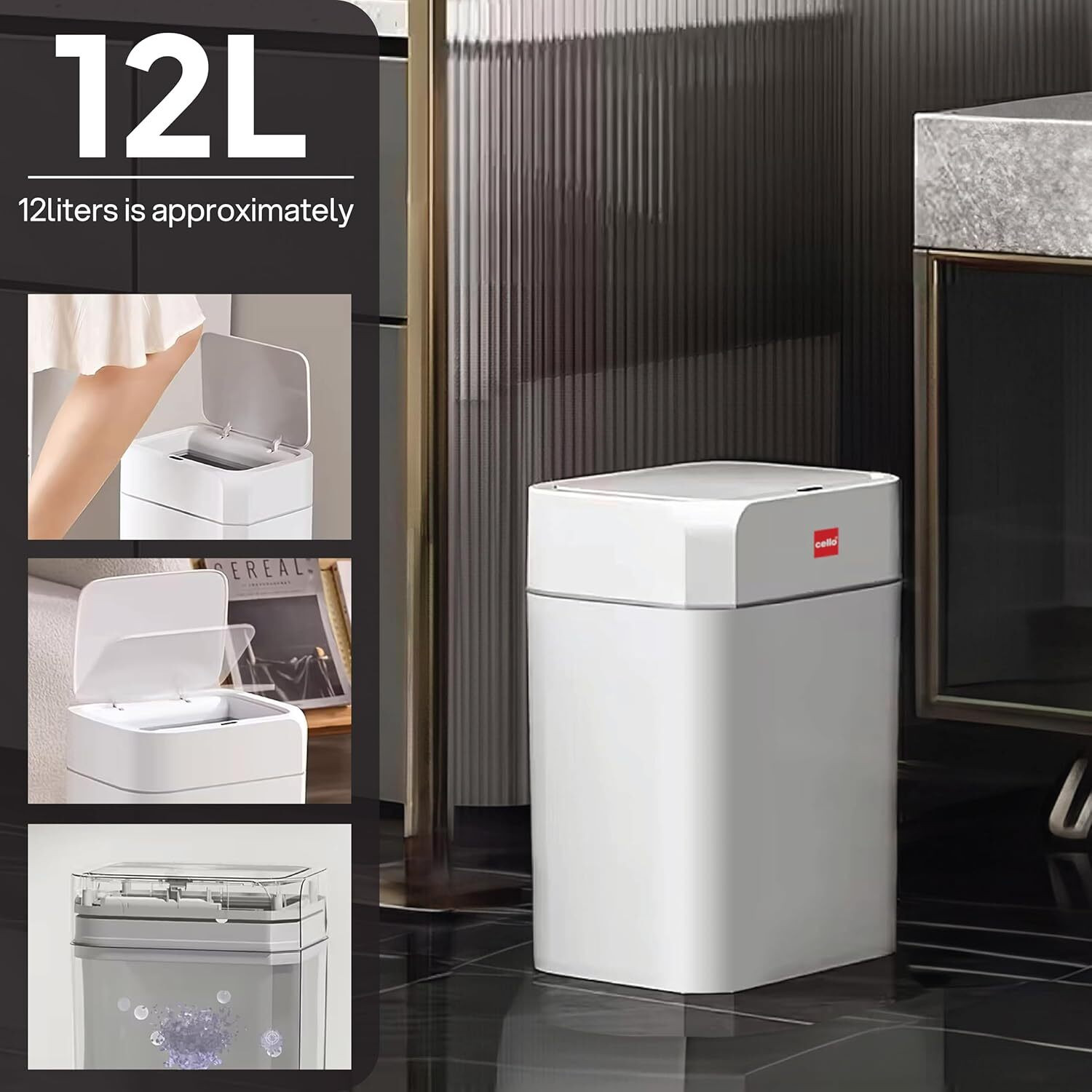 Image of cello 12 L Motion Sensor Smart Garbage Dustbin with Open-Top Lid For Bathroom & Office Plastic Dustbin