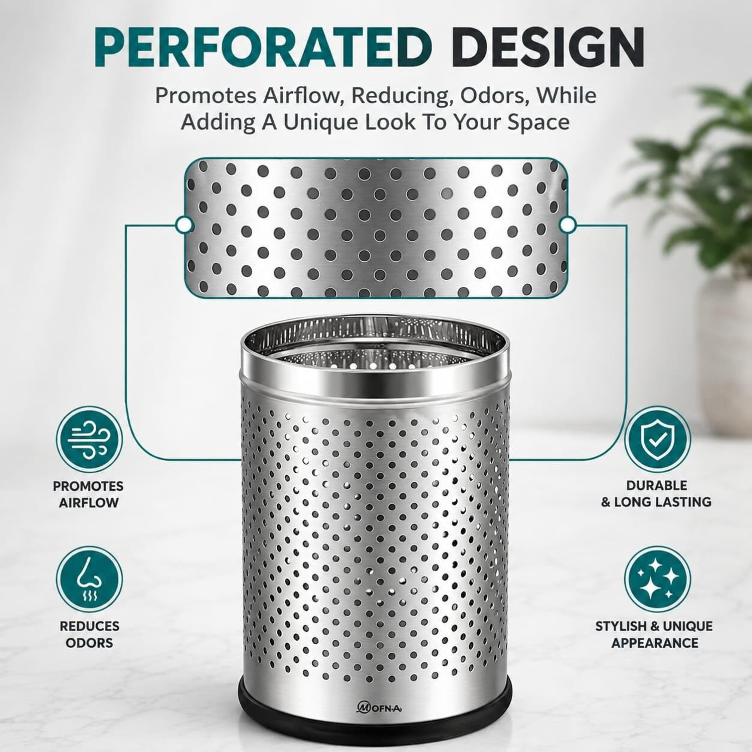 Image of Mofna SS Dustbin for Home, Trash Can with Anti-skid Base Dustbin (7x10 -6 Ltr Litre) Stainless Steel Dustbin
