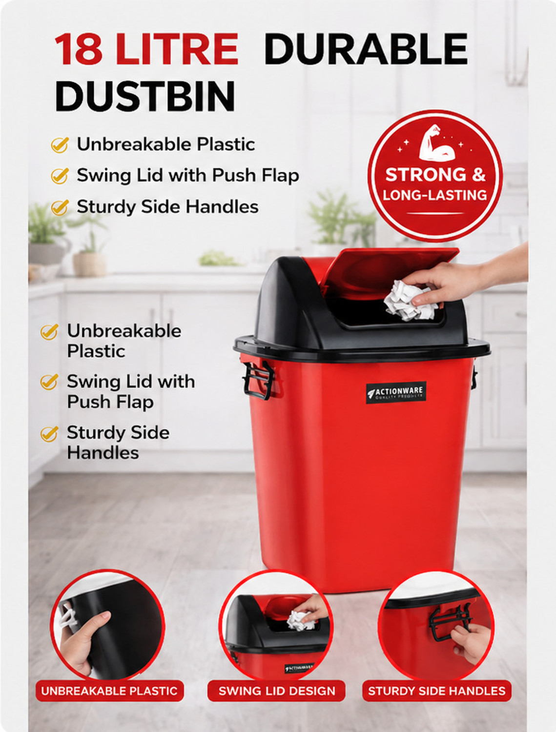 Image of Actionware 18 Litre Plastic Swing Lid Dustbin with Push Flap & Side Handles Plastic Dustbin (Red)