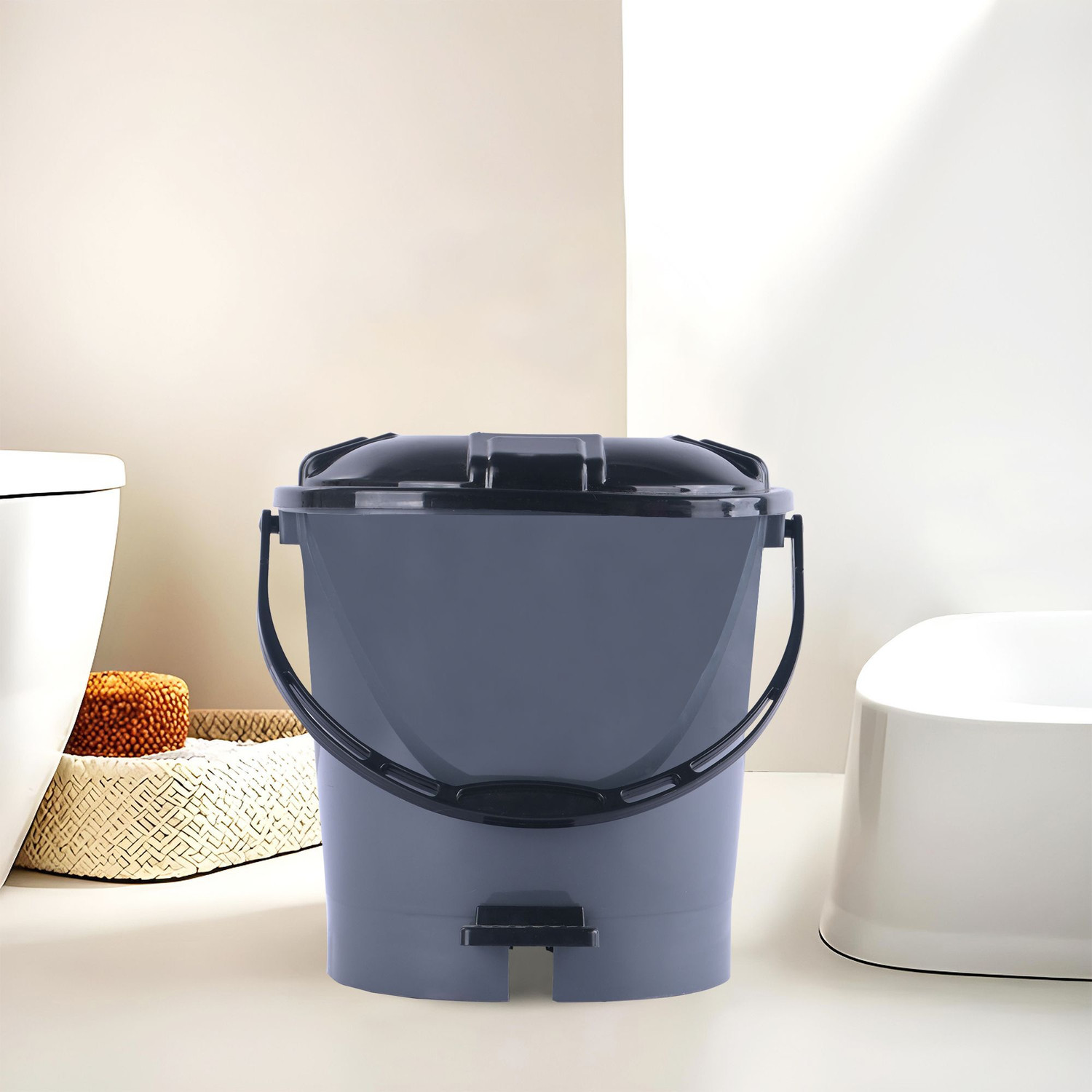 Image of KUBER INDUSTRIES Multiuses Plastic Pedal Dustbin, Trash Can With Handle, 7 Litre (Grey) Plastic Dustbin (Grey)