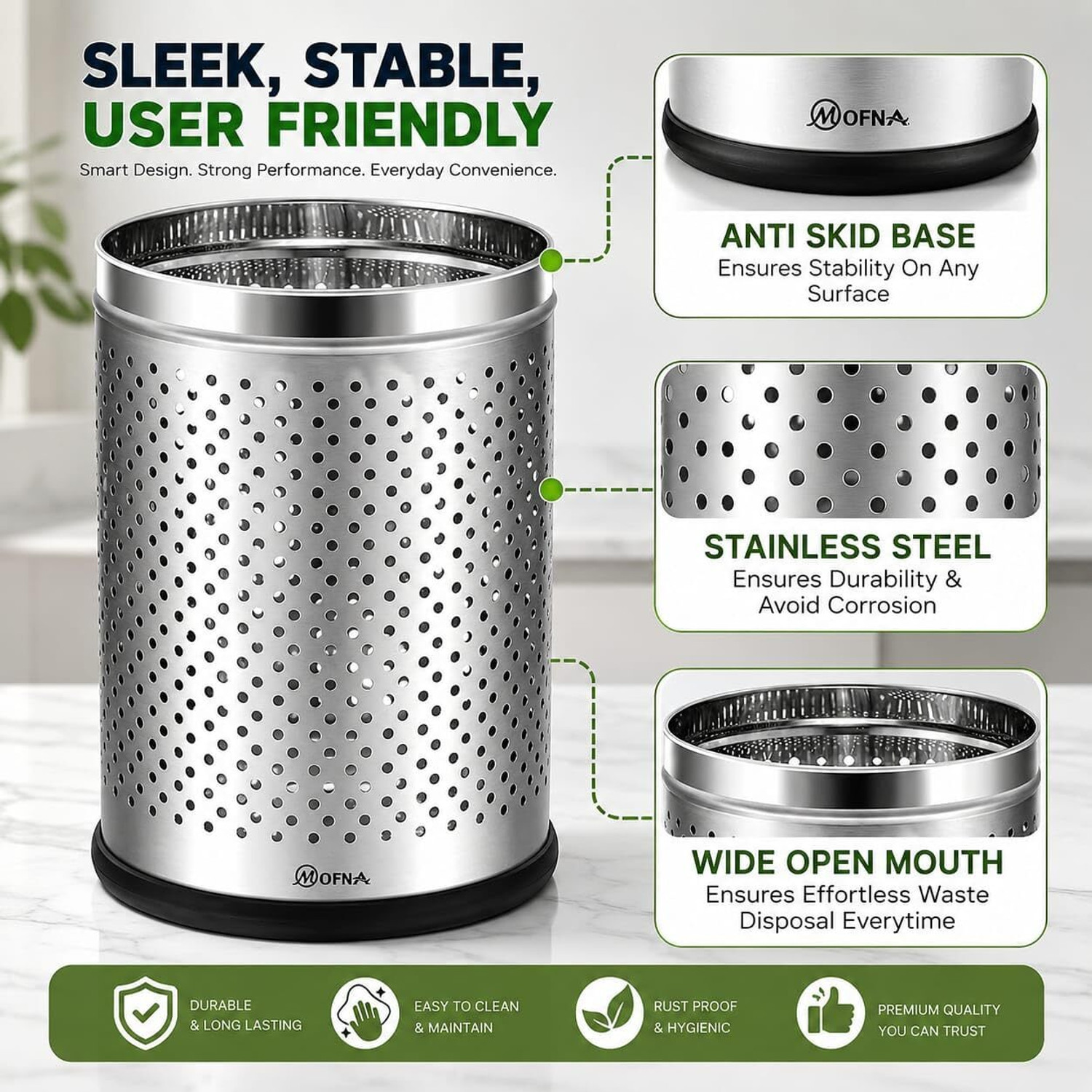 Image of Mofna SS Dustbin for Home, Trash Can with Anti-skid Base Dustbin (7x10 -6 Ltr Litre) Stainless Steel Dustbin