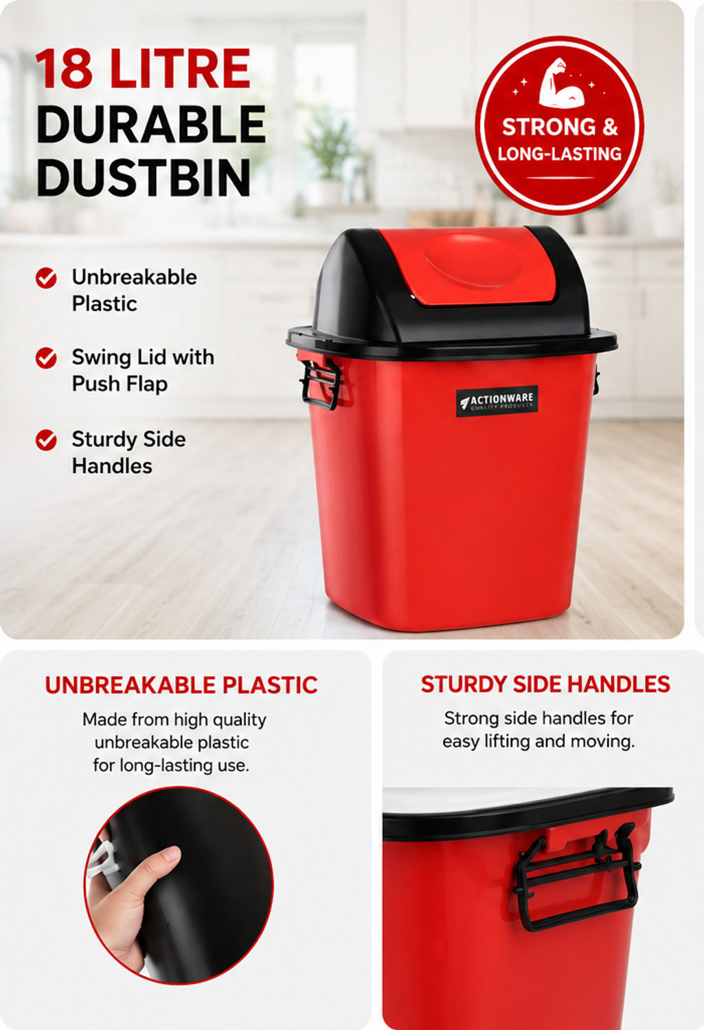 Image of Actionware 18 Litre Plastic Swing Lid Dustbin with Push Flap & Side Handles Plastic Dustbin (Red)