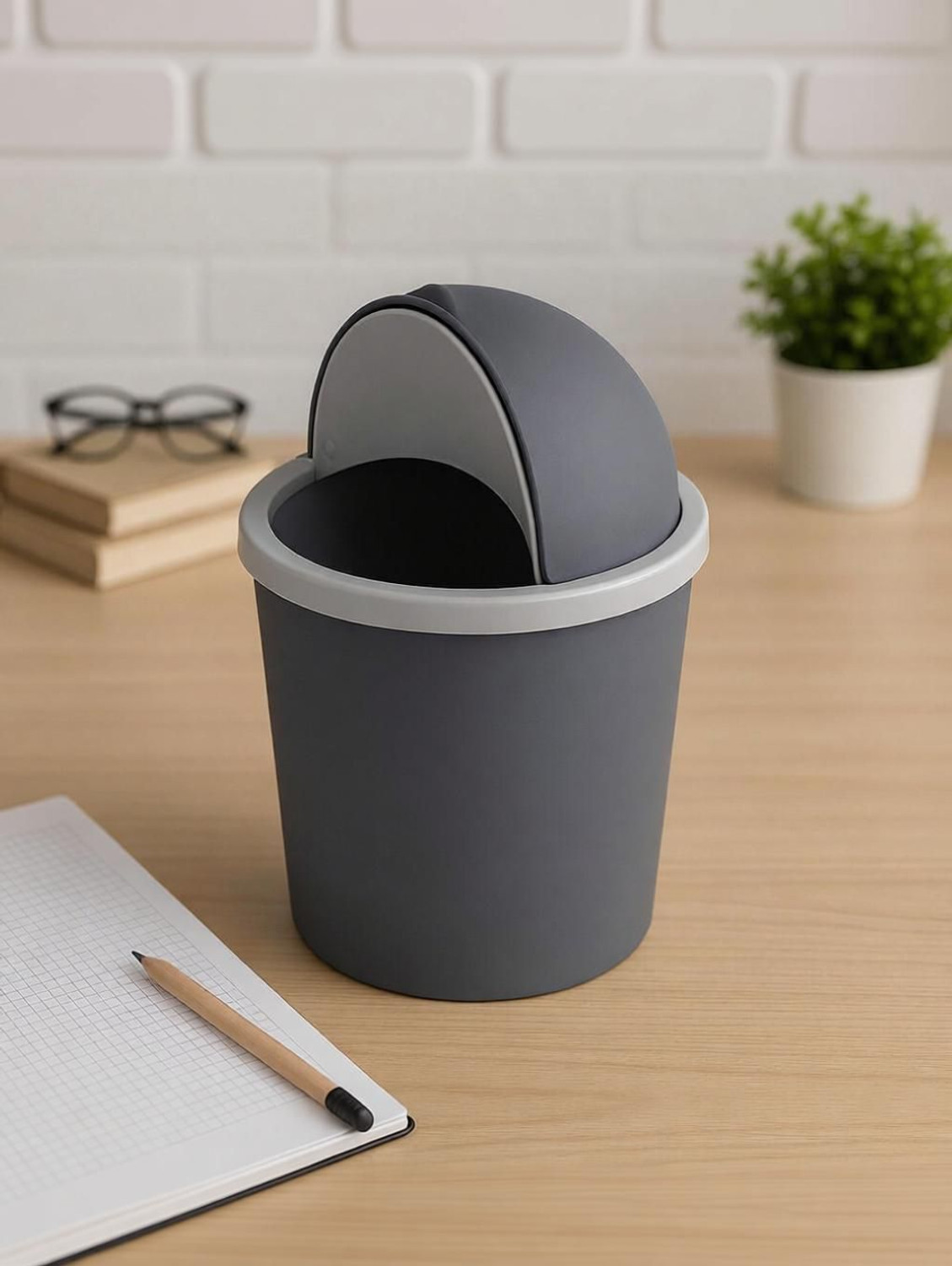 Image of HOMESTIC by Kuber Industries Table Dustbin|Plastic Swinging Lid Waste Storage Garbage Bin (Gray) Plastic Dustbin