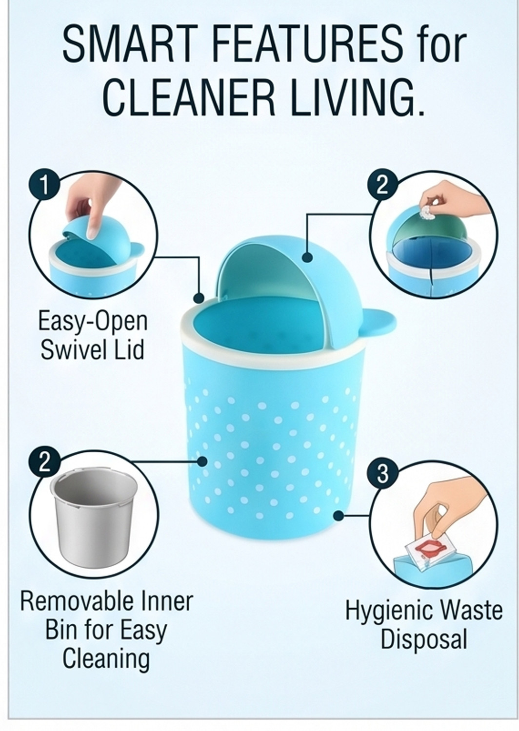 Image of Heart Home Pack of 2 Cute Small Table Dustbin for Home & Office with Lid | 1 Ltr | Sky Blue Plastic Dustbin