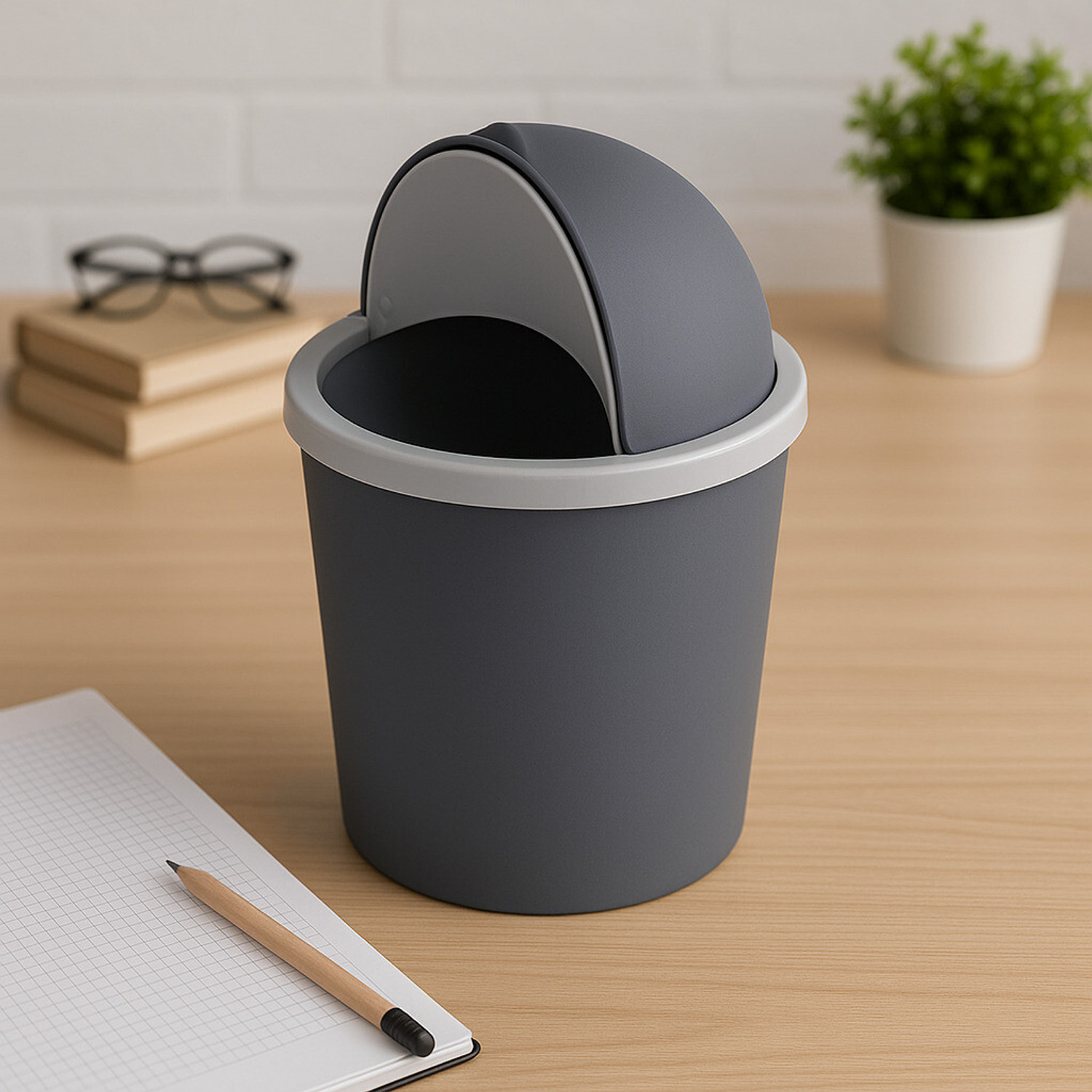 Image of HOMESTIC by Kuber Industries Table Dustbin|Plastic Swinging Lid Waste Storage Garbage Bin (Gray) Plastic Dustbin