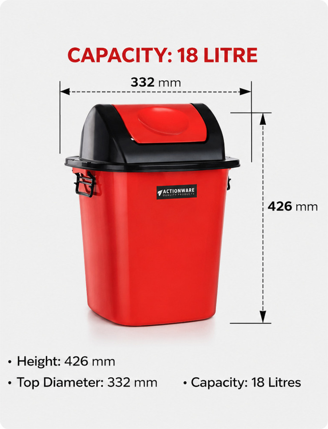 Image of Actionware 18 Litre Plastic Swing Lid Dustbin with Push Flap & Side Handles Plastic Dustbin (Red)