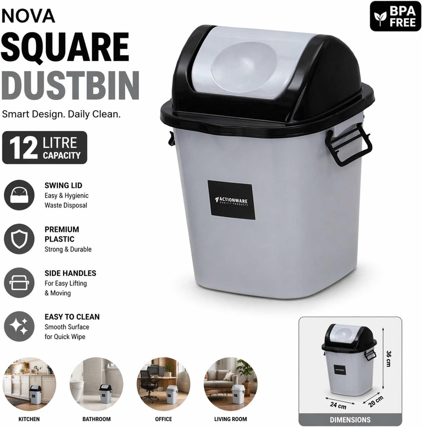 Image of ACTIONWARE Nova Square Plastic Dustbin 12 Ltr Pack of 2 with Swing Lid Plastic Dustbin (Grey)