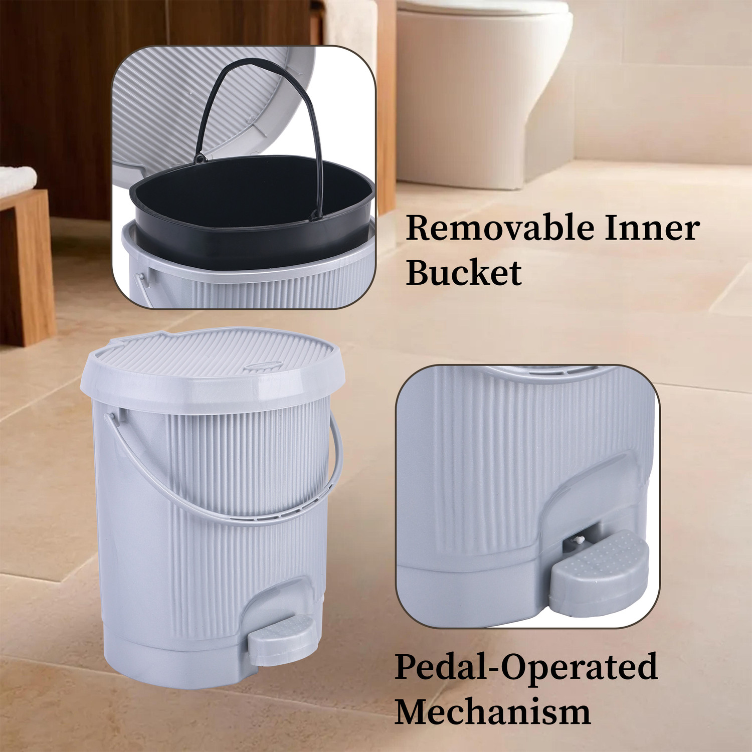 Image of KUBER INDUSTRIES 10 Ltr Plastic Dustbin for Kitchen with Lid & Removable Bucket | Grey Plastic Dustbin