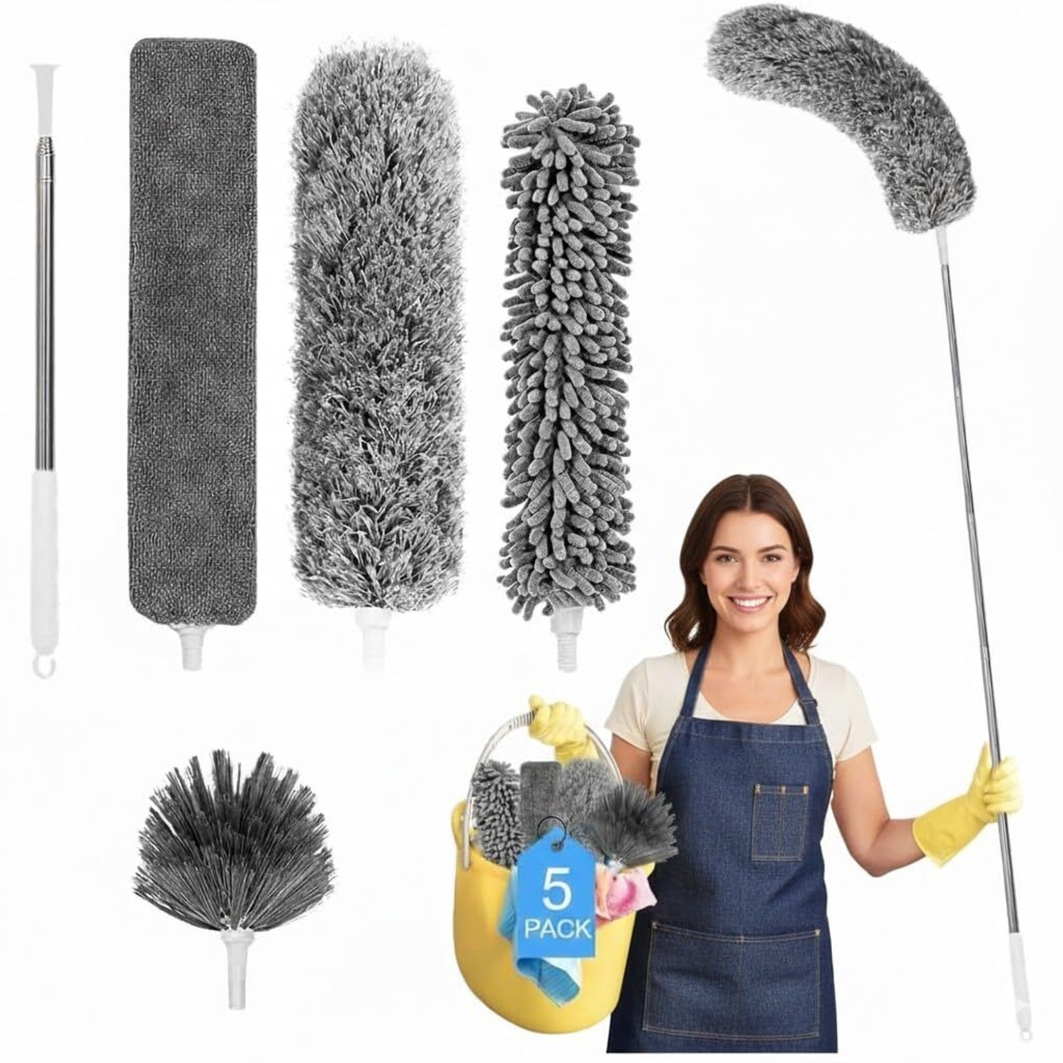 Image of Tozler 5 in 1 Feather Duster 5 PCS Extendable Fan Cleaning Duster Brush Wet and Dry Duster Set