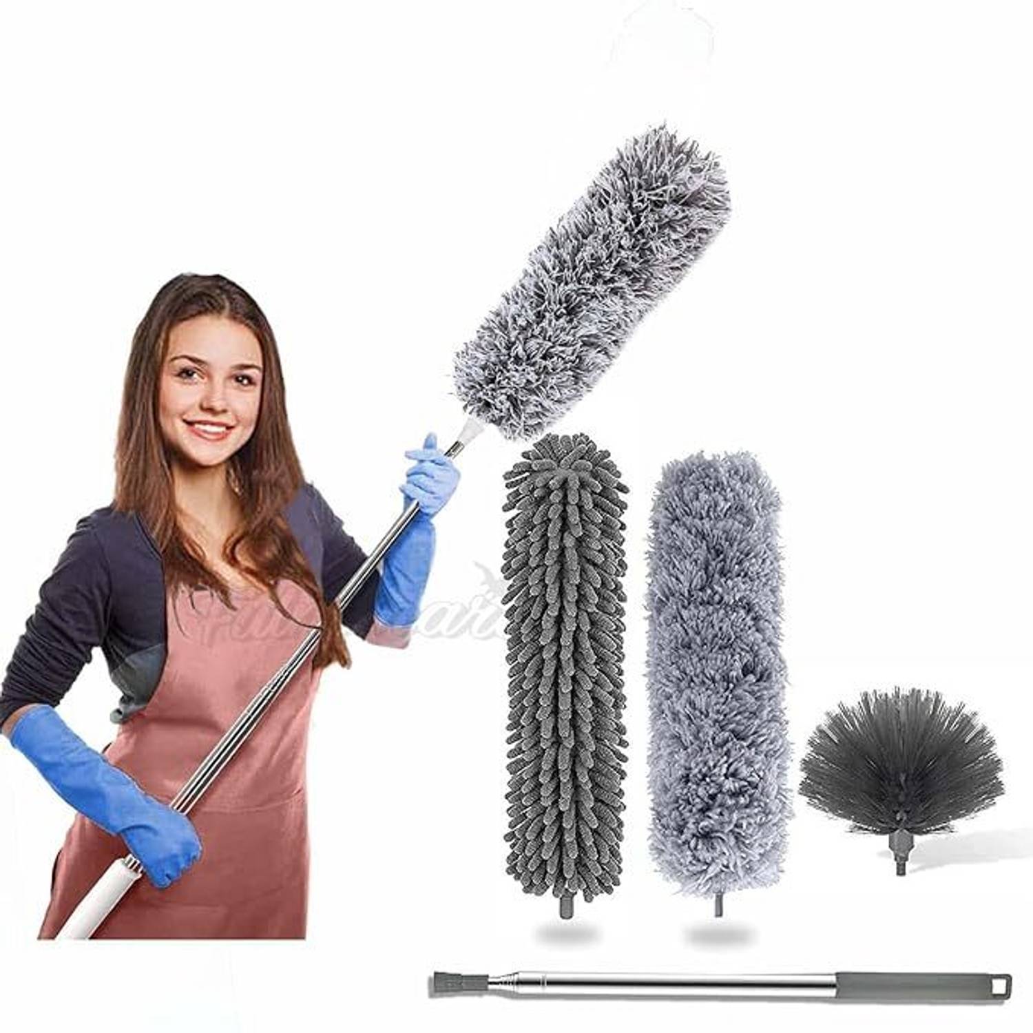 AKOOPAR GLOBAL 3 in 1 Microfiber Feather Duster, 100 Inch Pole for Fans, Ceilings, Blinds Wet and Dry Duster Set