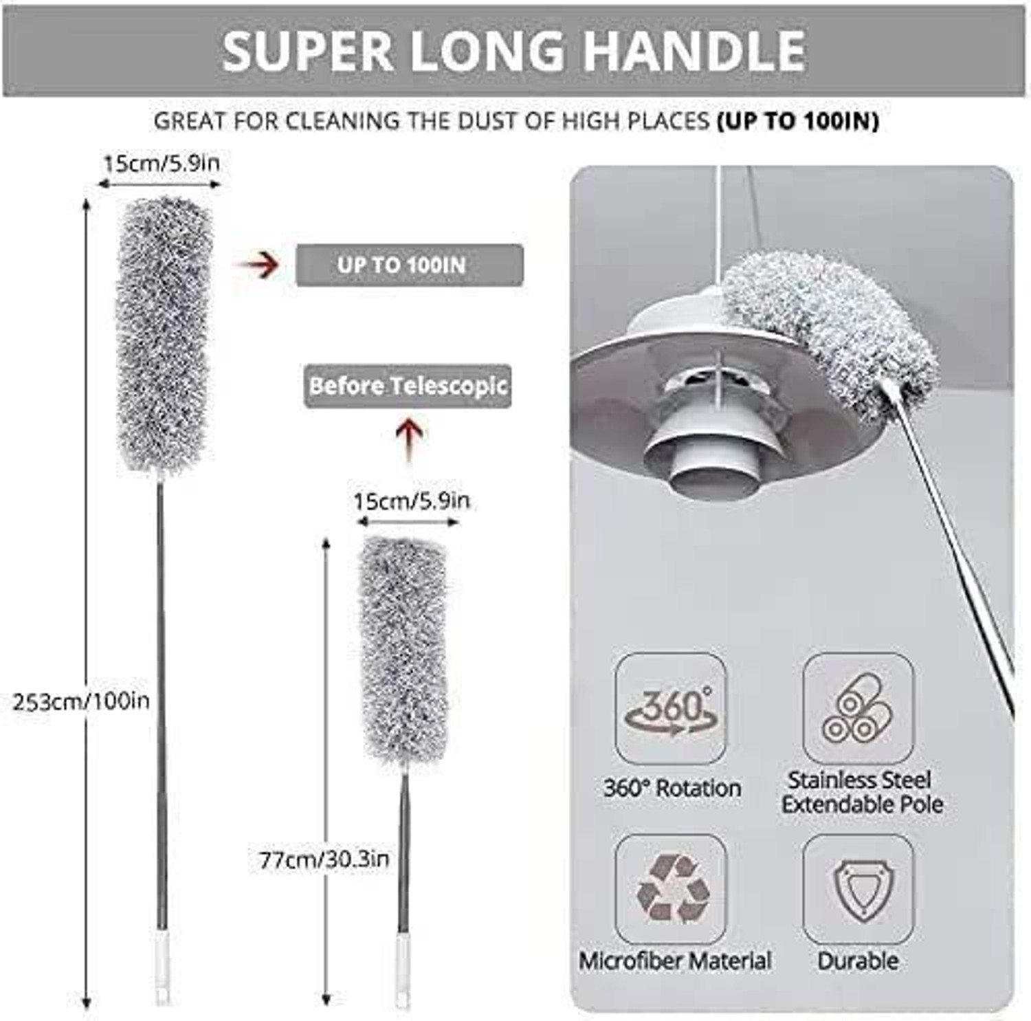 Image of GOLDENEYEHOUSE inch100-Inch Extendable Microfiber Ceiling Fan Duster - Wet & Dry Cleaning Tool inch Wet and Dry Duster