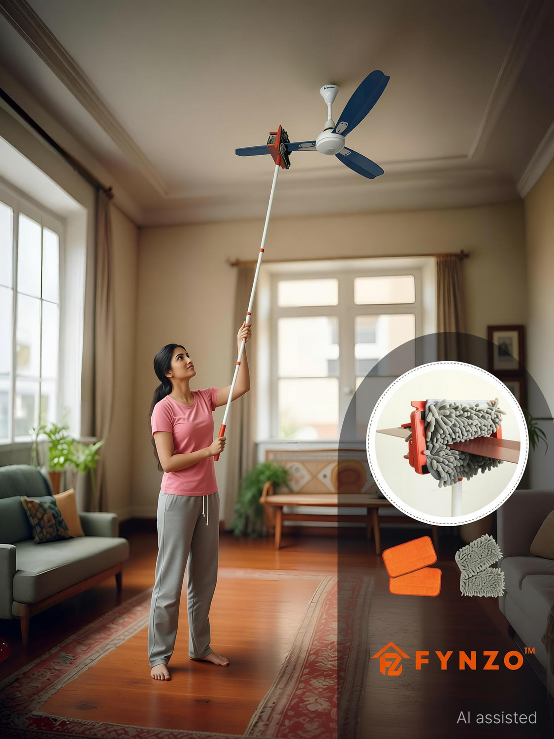 Image of Fynzo 3-in-1 Ceiling Fan Cleaner and Duster with 160cm Extendable Steel Poles Wet and Dry Duster Set
