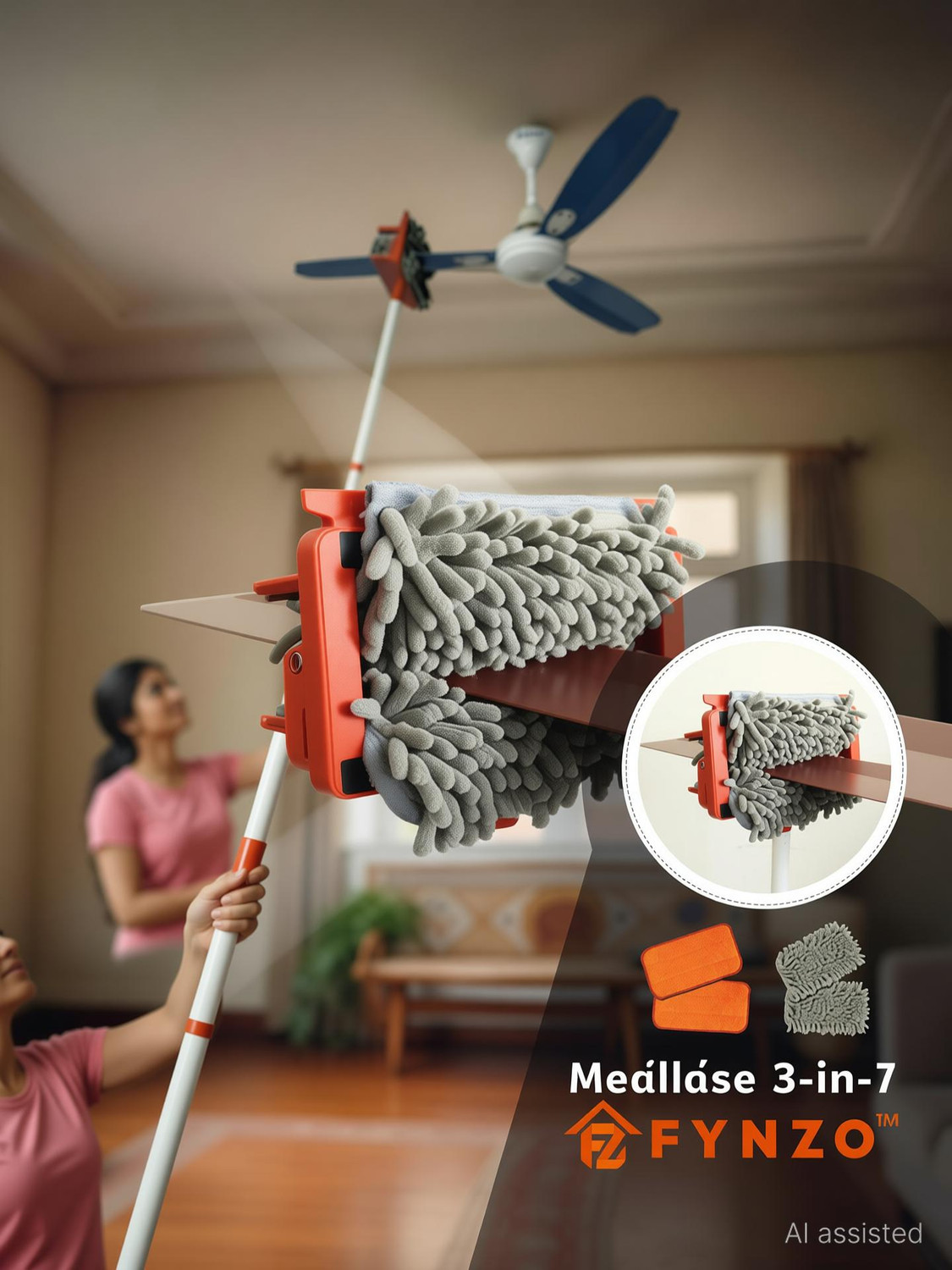 Image of Fynzo 3-in-1 Ceiling Fan Cleaner and Duster with 160cm Extendable Steel Poles Wet and Dry Duster Set