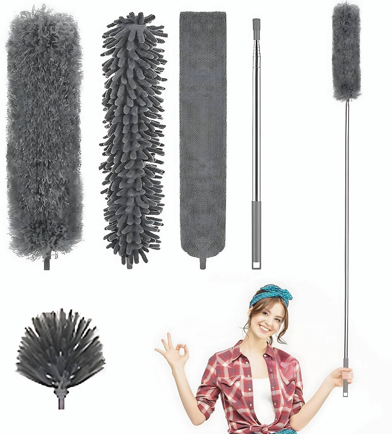GREEDYFOX 5-in-1 Microfiber Feather Duster Set Cobwebs, Car & Home Cleaning Wet and Dry Duster Set