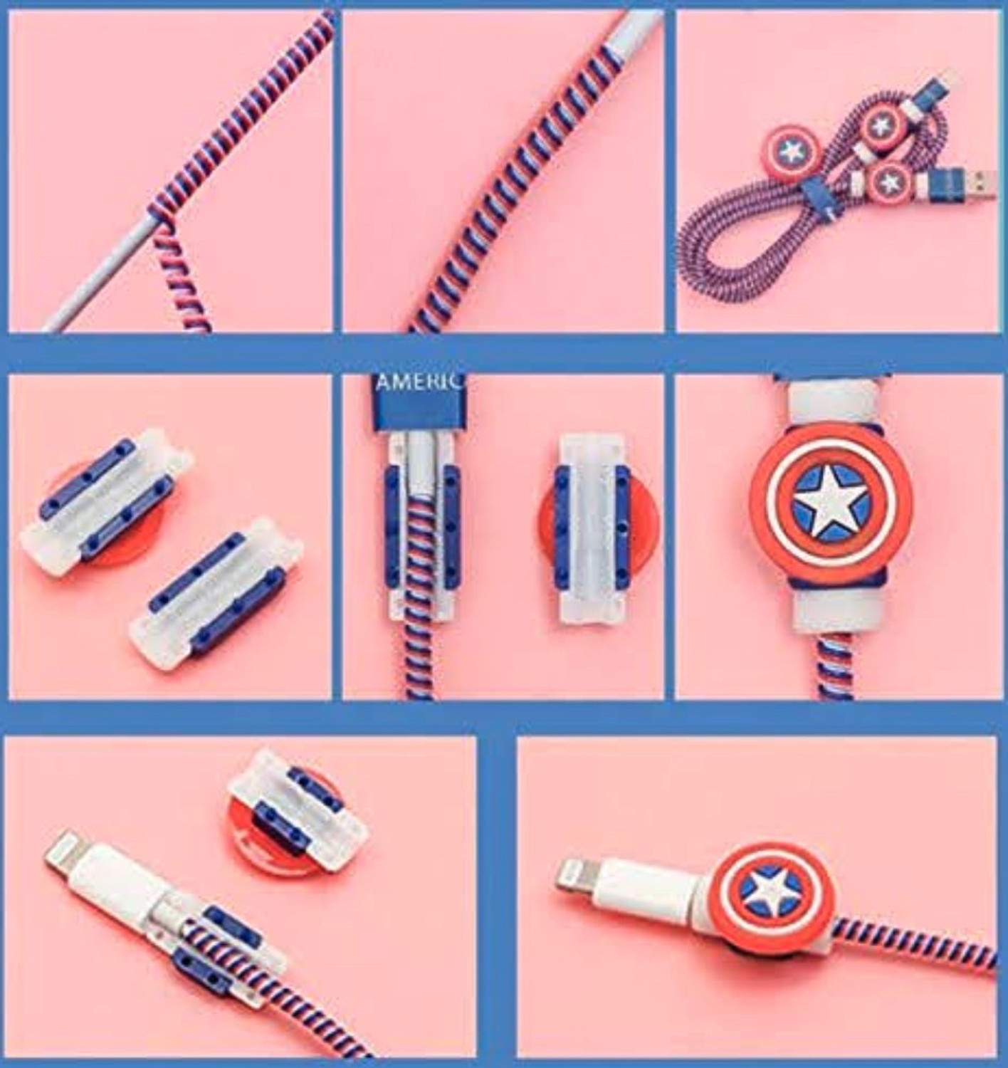 Image of Epaal 8-in-1 (Blue Captain America Style) Spiral USB and Earphone Cable Protectors Winder, Sticker, Clips, Organizer Clip Earphone Cable Organizer